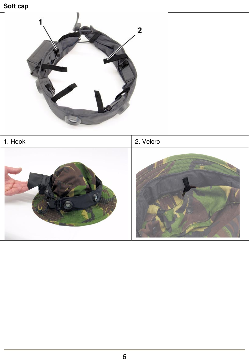Soft cap   1. Hook 2. Velcro               6 