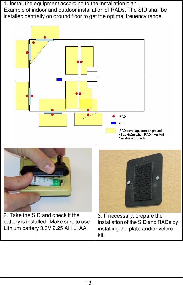 13  1. Install the equipment according to the installation plan . Example of indoor and outdoor installation of RADs. The SID shall be installed centrally on ground floor to get the optimal freuency range.                                     2. Take the SID and check if the battery is installed. Make sure to use Lithium battery 3.6V 2.25 AH LI AA. 3. If necessary, prepare the installation of the SID and RADs by installing the plate and/or velcro kit. 