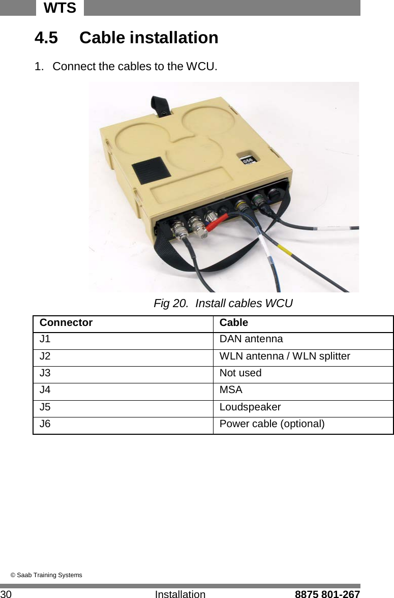 30 Installation 8875 801-267 WTS   4 4.5  Cable installation  1.  Connect the cables to the WCU.   Fig 20. Install cables WCU  Connector Cable J1 DAN antenna J2 WLN antenna / WLN splitter J3 Not used J4 MSA J5 Loudspeaker J6 Power cable (optional)              &copy; Saab Training Systems 