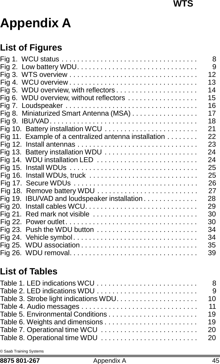 WTS   A Appendix A   List of Figures Fig 1. WCU status . . . . . . . . . . . . . . . . . . . . . . . . . . . . . . . . . . .  8 Fig 2. Low battery WDU . . . . . . . . . . . . . . . . . . . . . . . . . . . . . . .  9 Fig 3. WTS overview . . . . . . . . . . . . . . . . . . . . . . . . . . . . . . . . .  12 Fig 4. WCU overview . . . . . . . . . . . . . . . . . . . . . . . . . . . . . . . . .  13 Fig 5. WDU overview, with reflectors . . . . . . . . . . . . . . . . . . . . .  14 Fig 6. WDU overview, without reflectors . . . . . . . . . . . . . . . . . .  15 Fig 7. Loudspeaker . . . . . . . . . . . . . . . . . . . . . . . . . . . . . . . . . .  16 Fig 8. Miniaturized Smart Antenna (MSA) . . . . . . . . . . . . . . . . .  17 Fig 9. IBU/VAD . . . . . . . . . . . . . . . . . . . . . . . . . . . . . . . . . . . . . .  18 Fig 10. Battery installation WCU . . . . . . . . . . . . . . . . . . . . . . . .  21 Fig 11. Example of a centralized antenna installation . . . . . . . .  22 Fig 12. Install antennas . . . . . . . . . . . . . . . . . . . . . . . . . . . . . . .  23 Fig 13. Battery installation WDU . . . . . . . . . . . . . . . . . . . . . . . .  24 Fig 14. WDU installation LED  . . . . . . . . . . . . . . . . . . . . . . . . . .  24 Fig 15. Install WDUs  . . . . . . . . . . . . . . . . . . . . . . . . . . . . . . . . .  25 Fig 16. Install WDUs, truck  . . . . . . . . . . . . . . . . . . . . . . . . . . . .  25 Fig 17. Secure WDUs . . . . . . . . . . . . . . . . . . . . . . . . . . . . . . . .  26 Fig 18. Remove battery WDU . . . . . . . . . . . . . . . . . . . . . . . . . .  27 Fig 19. IBU/VAD and loudspeaker installation . . . . . . . . . . . . . .  28 Fig 20. Install cables WCU. . . . . . . . . . . . . . . . . . . . . . . . . . . . .  29 Fig 21. Red mark not visible  . . . . . . . . . . . . . . . . . . . . . . . . . . .  30 Fig 22. Power outlet . . . . . . . . . . . . . . . . . . . . . . . . . . . . . . . . . .  30 Fig 23. Push the WDU button  . . . . . . . . . . . . . . . . . . . . . . . . . .  34 Fig 24.  Vehicle symbol . . . . . . . . . . . . . . . . . . . . . . . . . . . . . . . .  34 Fig 25. WDU association . . . . . . . . . . . . . . . . . . . . . . . . . . . . . .  35 Fig 26. WDU removal. . . . . . . . . . . . . . . . . . . . . . . . . . . . . . . . .  39  List of Tables Table 1. LED indications WCU . . . . . . . . . . . . . . . . . . . . . . . . . .  8 Table 2. LED indications WDU . . . . . . . . . . . . . . . . . . . . . . . . . .  9 Table 3. Strobe light indications WDU. . . . . . . . . . . . . . . . . . . . .  10 Table 4. Audio messages . . . . . . . . . . . . . . . . . . . . . . . . . . . . . .  11 Table 5. Environmental Conditions . . . . . . . . . . . . . . . . . . . . . . .  19 Table 6. Weights and dimensions . . . . . . . . . . . . . . . . . . . . . . . .  19 Table 7. Operational time WCU  . . . . . . . . . . . . . . . . . . . . . . . . .  20 Table 8. Operational time WDU  . . . . . . . . . . . . . . . . . . . . . . . . .  20  &copy; Saab Training Systems  8875 801-267  Appendix A  45 