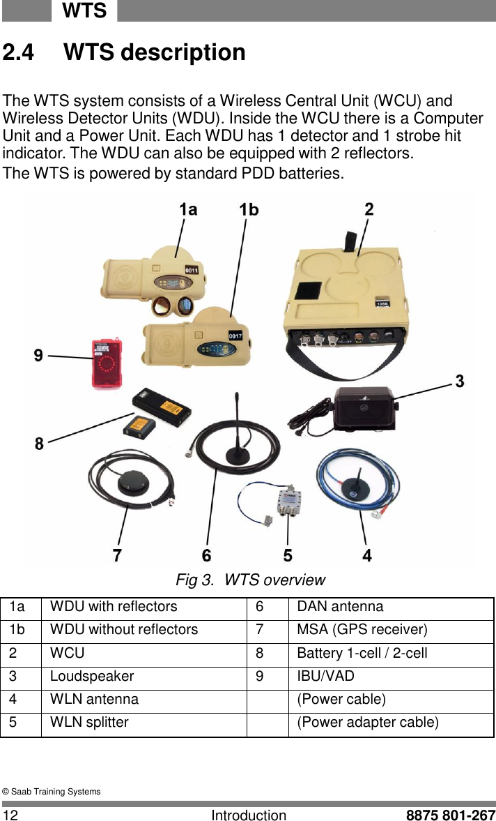 WTS 12 Introduction 8875 801-267    2.4  WTS description   The WTS system consists of a Wireless Central Unit (WCU) and Wireless Detector Units (WDU). Inside the WCU there is a Computer Unit and a Power Unit. Each WDU has 1 detector and 1 strobe hit indicator. The WDU can also be equipped with 2 reflectors. The WTS is powered by standard PDD batteries.   Fig 3.  WTS overview  1a WDU with reflectors 6 DAN antenna 1b WDU without reflectors 7 MSA (GPS receiver) 2 WCU 8 Battery 1-cell / 2-cell 3 Loudspeaker 9 IBU/VAD 4 WLN antenna  (Power cable) 5 WLN splitter  (Power adapter cable)    &copy; Saab Training Systems 