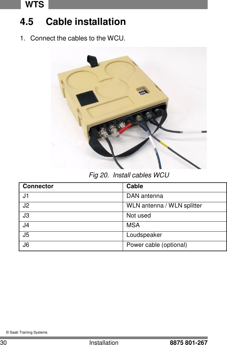 30 Installation 8875 801-267 WTS   4 4.5  Cable installation  1.  Connect the cables to the WCU.   Fig 20.  Install cables WCU  Connector Cable J1 DAN antenna J2 WLN antenna / WLN splitter J3 Not used J4 MSA J5 Loudspeaker J6 Power cable (optional)              &copy; Saab Training Systems 