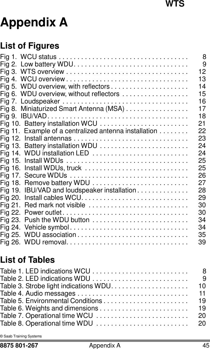 WTS   A Appendix A   List of Figures Fig 1.  WCU status . . . . . . . . . . . . . . . . . . . . . . . . . . . . . . . . . . .  8 Fig 2. Low battery WDU . . . . . . . . . . . . . . . . . . . . . . . . . . . . . . .  9 Fig 3.  WTS overview . . . . . . . . . . . . . . . . . . . . . . . . . . . . . . . . .  12 Fig 4.  WCU overview . . . . . . . . . . . . . . . . . . . . . . . . . . . . . . . . .  13 Fig 5.  WDU overview, with reflectors . . . . . . . . . . . . . . . . . . . . .  14 Fig 6.  WDU overview, without reflectors . . . . . . . . . . . . . . . . . .  15 Fig 7.  Loudspeaker . . . . . . . . . . . . . . . . . . . . . . . . . . . . . . . . . .  16 Fig 8. Miniaturized Smart Antenna (MSA) . . . . . . . . . . . . . . . . .  17 Fig 9. IBU/VAD . . . . . . . . . . . . . . . . . . . . . . . . . . . . . . . . . . . . . .  18 Fig 10.  Battery installation WCU . . . . . . . . . . . . . . . . . . . . . . . .  21 Fig 11.  Example of a centralized antenna installation . . . . . . . .  22 Fig 12.  Install antennas . . . . . . . . . . . . . . . . . . . . . . . . . . . . . . .  23 Fig 13.  Battery installation WDU . . . . . . . . . . . . . . . . . . . . . . . .  24 Fig 14.  WDU installation LED  . . . . . . . . . . . . . . . . . . . . . . . . . .  24 Fig 15.  Install WDUs  . . . . . . . . . . . . . . . . . . . . . . . . . . . . . . . . .  25 Fig 16.  Install WDUs, truck  . . . . . . . . . . . . . . . . . . . . . . . . . . . .  25 Fig 17.  Secure WDUs . . . . . . . . . . . . . . . . . . . . . . . . . . . . . . . .  26 Fig 18.  Remove battery WDU . . . . . . . . . . . . . . . . . . . . . . . . . .  27 Fig 19.  IBU/VAD and loudspeaker installation . . . . . . . . . . . . . .  28 Fig 20.  Install cables WCU. . . . . . . . . . . . . . . . . . . . . . . . . . . . .  29 Fig 21.  Red mark not visible  . . . . . . . . . . . . . . . . . . . . . . . . . . .  30 Fig 22.  Power outlet . . . . . . . . . . . . . . . . . . . . . . . . . . . . . . . . . .  30 Fig 23.  Push the WDU button . . . . . . . . . . . . . . . . . . . . . . . . . .  34 Fig 24.  Vehicle symbol . . . . . . . . . . . . . . . . . . . . . . . . . . . . . . . .  34 Fig 25.  WDU association . . . . . . . . . . . . . . . . . . . . . . . . . . . . . .  35 Fig 26.  WDU removal. . . . . . . . . . . . . . . . . . . . . . . . . . . . . . . . .  39  List of Tables Table 1. LED indications WCU . . . . . . . . . . . . . . . . . . . . . . . . . .  8 Table 2. LED indications WDU . . . . . . . . . . . . . . . . . . . . . . . . . .  9 Table 3. Strobe light indications WDU. . . . . . . . . . . . . . . . . . . . .  10 Table 4. Audio messages . . . . . . . . . . . . . . . . . . . . . . . . . . . . . .  11 Table 5. Environmental Conditions . . . . . . . . . . . . . . . . . . . . . . .  19 Table 6. Weights and dimensions . . . . . . . . . . . . . . . . . . . . . . . .  19 Table 7. Operational time WCU  . . . . . . . . . . . . . . . . . . . . . . . . .  20 Table 8. Operational time WDU  . . . . . . . . . . . . . . . . . . . . . . . . .  20  &copy; Saab Training Systems  8875 801-267  Appendix A  45 