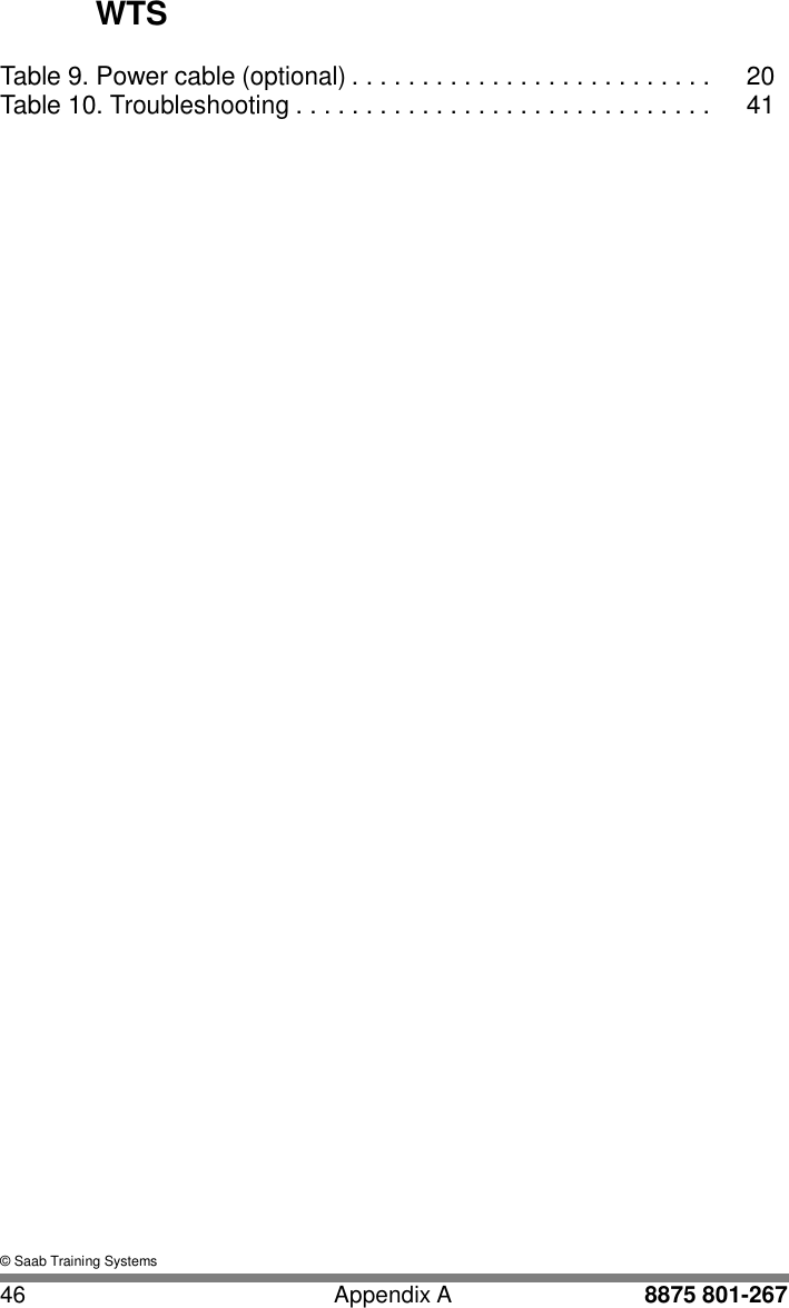 WTS    Table 9. Power cable (optional) . . . . . . . . . . . . . . . . . . . . . . . . . .  20 Table 10. Troubleshooting . . . . . . . . . . . . . . . . . . . . . . . . . . . . . .  41                                                  &copy; Saab Training Systems  46  Appendix A  8875 801-267 