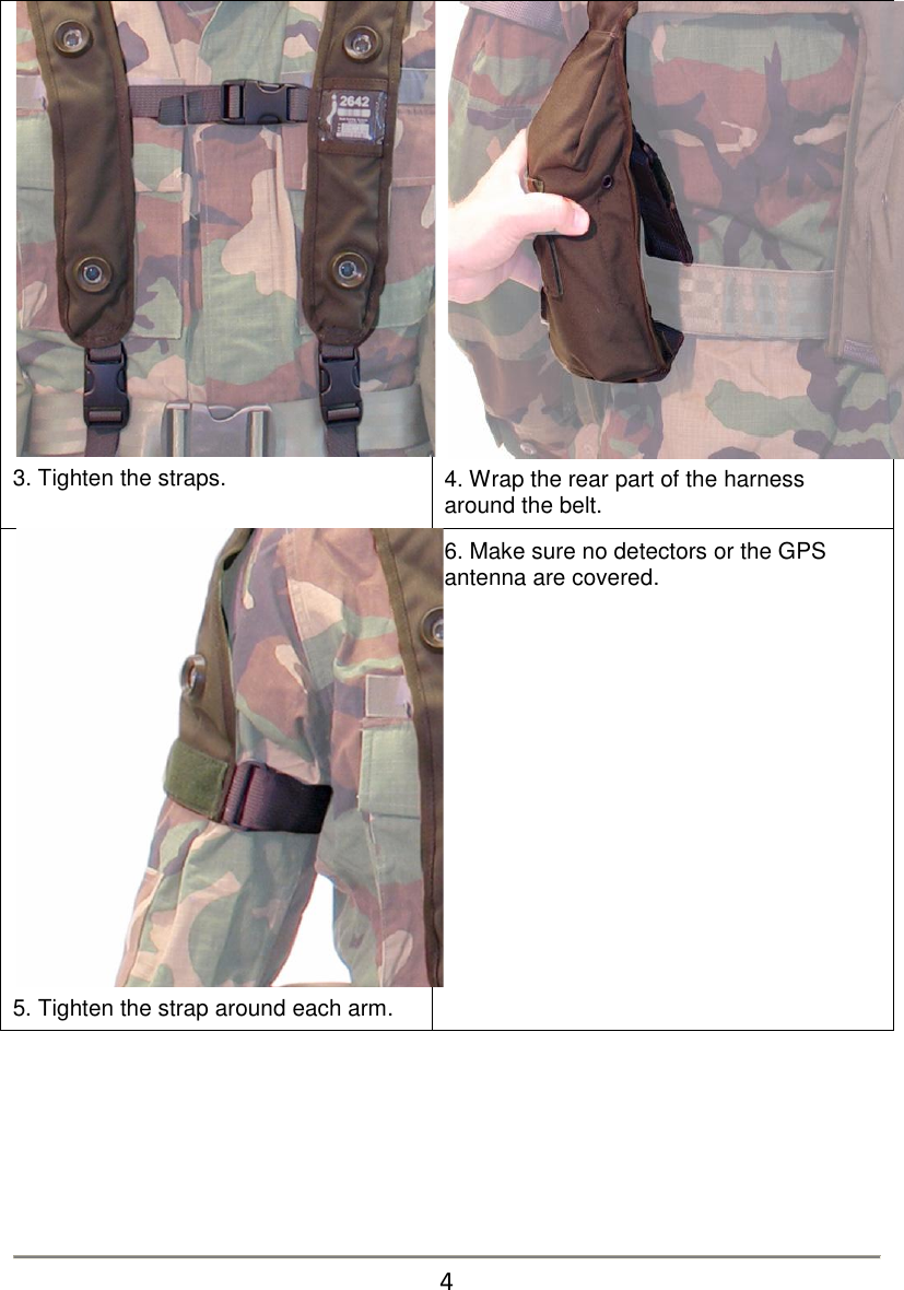  3. Tighten the straps.  4. Wrap the rear part of the harness around the belt.  5. Tighten the strap around each arm. 6. Make sure no detectors or the GPS antenna are covered.        4 