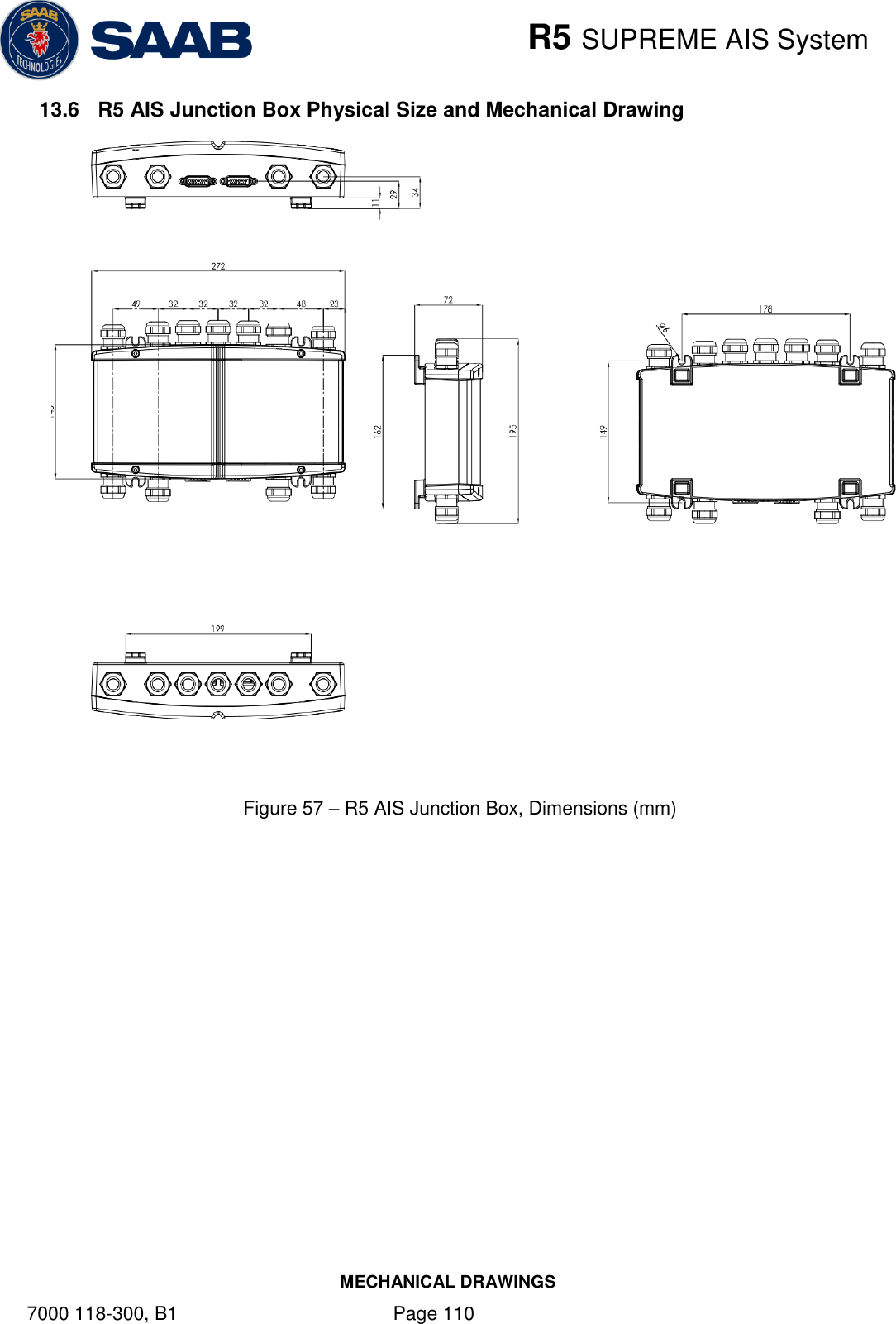    R5 SUPREME AIS System MECHANICAL DRAWINGS 7000 118-300, B1    Page 110 13.6  R5 AIS Junction Box Physical Size and Mechanical Drawing    Figure 57 – R5 AIS Junction Box, Dimensions (mm)   