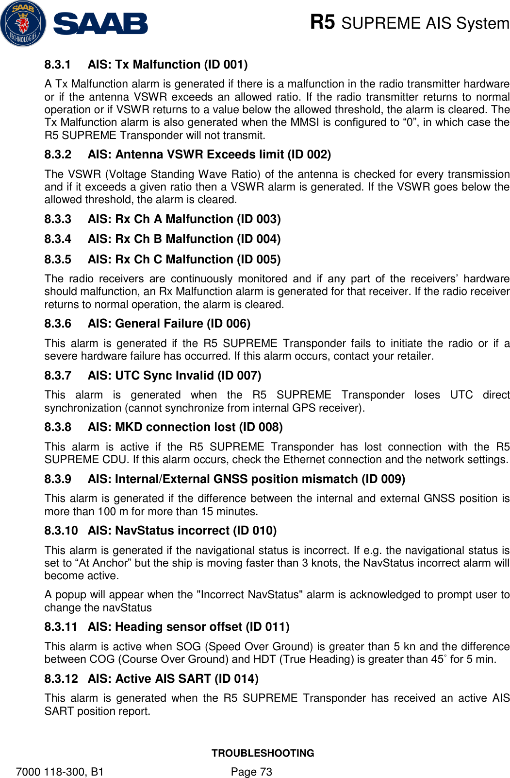    R5 SUPREME AIS System TROUBLESHOOTING 7000 118-300, B1    Page 73 8.3.1  AIS: Tx Malfunction (ID 001) A Tx Malfunction alarm is generated if there is a malfunction in the radio transmitter hardware or if the antenna VSWR exceeds an allowed ratio. If the radio transmitter returns to normal operation or if VSWR returns to a value below the allowed threshold, the alarm is cleared. The Tx Malfunction alarm is also generated when the MMSI is configured to “0”, in which case the R5 SUPREME Transponder will not transmit. 8.3.2  AIS: Antenna VSWR Exceeds limit (ID 002) The VSWR (Voltage Standing Wave Ratio) of the antenna is checked for every transmission and if it exceeds a given ratio then a VSWR alarm is generated. If the VSWR goes below the allowed threshold, the alarm is cleared. 8.3.3  AIS: Rx Ch A Malfunction (ID 003) 8.3.4  AIS: Rx Ch B Malfunction (ID 004) 8.3.5  AIS: Rx Ch C Malfunction (ID 005) The  radio  receivers  are  continuously  monitored  and  if  any  part  of  the  receivers’  hardware should malfunction, an Rx Malfunction alarm is generated for that receiver. If the radio receiver returns to normal operation, the alarm is cleared. 8.3.6  AIS: General Failure (ID 006) This  alarm  is  generated  if  the  R5  SUPREME  Transponder  fails  to  initiate  the  radio  or  if  a severe hardware failure has occurred. If this alarm occurs, contact your retailer. 8.3.7  AIS: UTC Sync Invalid (ID 007) This  alarm  is  generated  when  the  R5  SUPREME  Transponder  loses  UTC  direct synchronization (cannot synchronize from internal GPS receiver). 8.3.8  AIS: MKD connection lost (ID 008) This  alarm  is  active  if  the  R5  SUPREME  Transponder  has  lost  connection  with  the  R5 SUPREME CDU. If this alarm occurs, check the Ethernet connection and the network settings. 8.3.9  AIS: Internal/External GNSS position mismatch (ID 009) This alarm is generated if the difference between the internal and external GNSS position is more than 100 m for more than 15 minutes. 8.3.10  AIS: NavStatus incorrect (ID 010) This alarm is generated if the navigational status is incorrect. If e.g. the navigational status is set to “At Anchor” but the ship is moving faster than 3 knots, the NavStatus incorrect alarm will become active. A popup will appear when the &quot;Incorrect NavStatus&quot; alarm is acknowledged to prompt user to change the navStatus 8.3.11  AIS: Heading sensor offset (ID 011) This alarm is active when SOG (Speed Over Ground) is greater than 5 kn and the difference between COG (Course Over Ground) and HDT (True Heading) is greater than 45˚ for 5 min. 8.3.12  AIS: Active AIS SART (ID 014) This  alarm  is generated  when the  R5  SUPREME  Transponder  has  received  an  active  AIS SART position report. 
