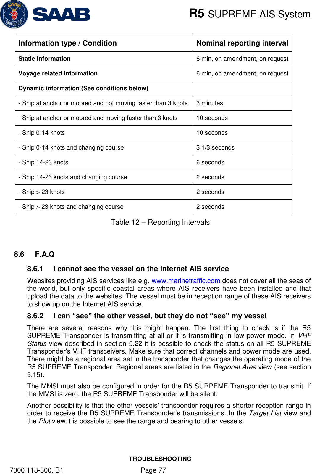    R5 SUPREME AIS System TROUBLESHOOTING 7000 118-300, B1    Page 77 Information type / Condition Nominal reporting interval Static Information 6 min, on amendment, on request Voyage related information 6 min, on amendment, on request Dynamic information (See conditions below)  - Ship at anchor or moored and not moving faster than 3 knots 3 minutes - Ship at anchor or moored and moving faster than 3 knots 10 seconds - Ship 0-14 knots 10 seconds - Ship 0-14 knots and changing course 3 1/3 seconds - Ship 14-23 knots 6 seconds - Ship 14-23 knots and changing course 2 seconds - Ship &gt; 23 knots 2 seconds - Ship &gt; 23 knots and changing course 2 seconds Table 12 – Reporting Intervals  8.6  F.A.Q 8.6.1  I cannot see the vessel on the Internet AIS service Websites providing AIS services like e.g. www.marinetraffic.com does not cover all the seas of the world, but  only specific coastal areas where AIS receivers have been installed and that upload the data to the websites. The vessel must be in reception range of these AIS receivers to show up on the Internet AIS service. 8.6.2  I can “see” the other vessel, but they do not “see” my vessel There  are  several  reasons  why  this  might  happen.  The  first  thing  to  check  is  if  the  R5 SUPREME Transponder is transmitting at all or if is transmitting in low power mode. In VHF Status view described in section 5.22 it is possible to check the status on all R5 SUPREME Transponder’s VHF transceivers. Make sure that correct channels and power mode are used. There might be a regional area set in the transponder that changes the operating mode of the R5 SUPREME Transponder. Regional areas are listed in the Regional Area view (see section 5.15). The MMSI must also be configured in order for the R5 SURPEME Transponder to transmit. If the MMSI is zero, the R5 SUPREME Transponder will be silent. Another possibility is that the other vessels’ transponder requires a shorter reception range in order to receive the R5 SUPREME Transponder’s transmissions. In the Target List view and the Plot view it is possible to see the range and bearing to other vessels. 