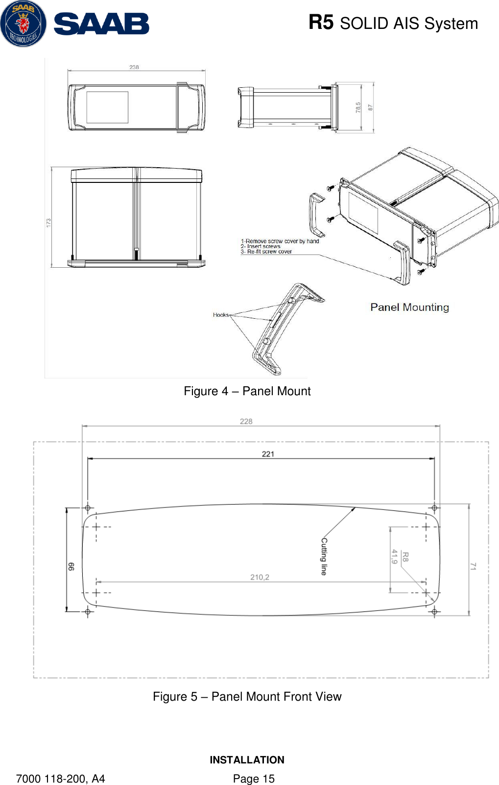    R5 SOLID AIS System INSTALLATION 7000 118-200, A4    Page 15  Figure 4 – Panel Mount  Figure 5 – Panel Mount Front View 