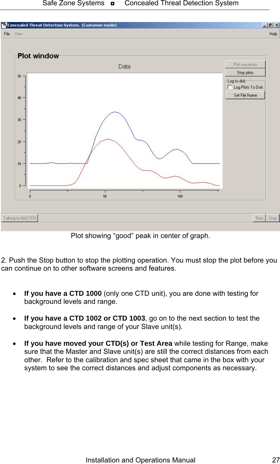 Safe Zone Systems   ◘     Concealed Threat Detection System   Plot showing “good” peak in center of graph.   2. Push the Stop button to stop the plotting operation. You must stop the plot before you can continue on to other software screens and features.    • If you have a CTD 1000 (only one CTD unit), you are done with testing for background levels and range.  • If you have a CTD 1002 or CTD 1003, go on to the next section to test the background levels and range of your Slave unit(s).  • If you have moved your CTD(s) or Test Area while testing for Range, make sure that the Master and Slave unit(s) are still the correct distances from each other.  Refer to the calibration and spec sheet that came in the box with your system to see the correct distances and adjust components as necessary.  Installation and Operations Manual  27