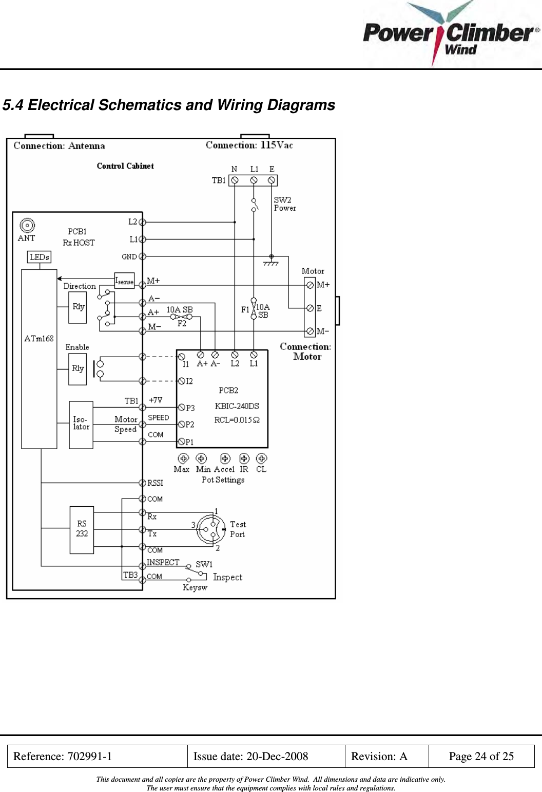    Reference: 702991-1  Issue date: 20-Dec-2008  Revision: A  Page 24 of 25  This document and all copies are the property of Power Climber Wind.  All dimensions and data are indicative only. The user must ensure that the equipment complies with local rules and regulations.  5.4 Electrical Schematics and Wiring Diagrams   