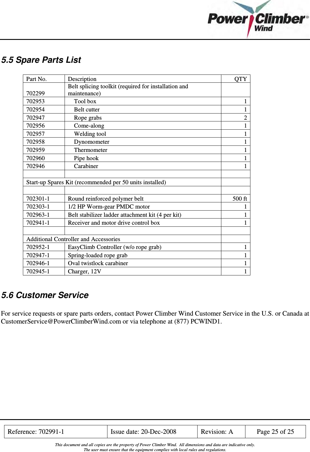    Reference: 702991-1  Issue date: 20-Dec-2008  Revision: A  Page 25 of 25  This document and all copies are the property of Power Climber Wind.  All dimensions and data are indicative only. The user must ensure that the equipment complies with local rules and regulations.  5.5 Spare Parts List  Part No.  Description  QTY 702299 Belt splicing toolkit (required for installation and maintenance)   702953  Tool box  1 702954  Belt cutter  1 702947  Rope grabs  2 702956  Come-along  1 702957  Welding tool  1 702958  Dynomometer  1 702959  Thermometer  1 702960  Pipe hook  1 702946  Carabiner  1      Start-up Spares Kit (recommended per 50 units installed)        702301-1  Round reinforced polymer belt  500 ft 702303-1  1/2 HP Worm-gear PMDC motor  1 702963-1  Belt stabilizer ladder attachment kit (4 per kit)  1 702941-1  Receiver and motor drive control box  1      Additional Controller and Accessories   702952-1  EasyClimb Controller (w/o rope grab)  1 702947-1  Spring-loaded rope grab  1 702946-1  Oval twistlock carabiner  1 702945-1  Charger, 12V  1  5.6 Customer Service  For service requests or spare parts orders, contact Power Climber Wind Customer Service in the U.S. or Canada at CustomerService@PowerClimberWind.com or via telephone at (877) PCWIND1. 