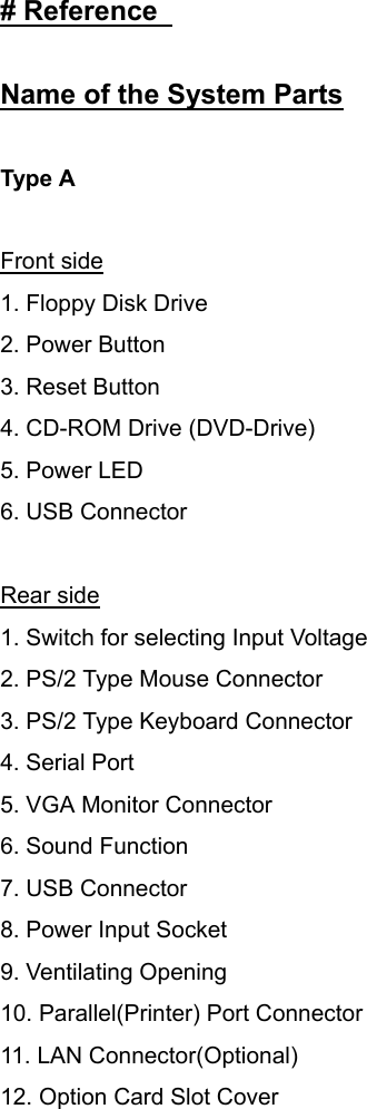# Reference    Name of the System Parts       Type A  Front side    1. Floppy Disk Drive 2. Power Button 3. Reset Button 4. CD-ROM Drive (DVD-Drive) 5. Power LED 6. USB Connector  Rear side    1. Switch for selecting Input Voltage 2. PS/2 Type Mouse Connector 3. PS/2 Type Keyboard Connector 4. Serial Port 5. VGA Monitor Connector 6. Sound Function 7. USB Connector 8. Power Input Socket 9. Ventilating Opening 10. Parallel(Printer) Port Connector 11. LAN Connector(Optional) 12. Option Card Slot Cover   