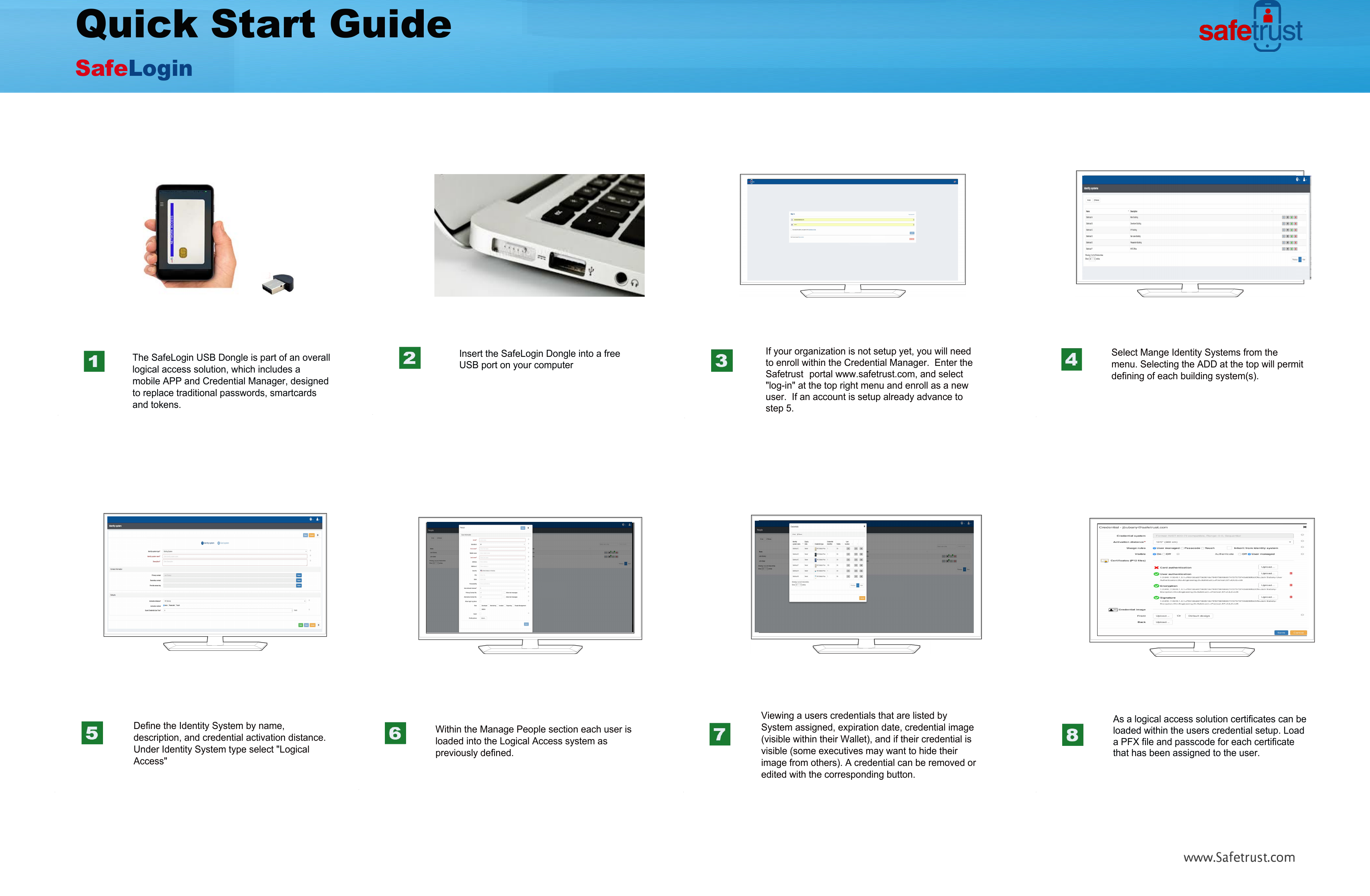 .Safetrust.comSafeLogin Quick Start GuideThe SafeLogin USB Dongle is part of an overall logical access solution, which includes a mobile APP and Credential Manager, designed to replace traditional passwords, smartcards and tokens.Insert the SafeLogin Dongle into a free USB port on your computerIf your organization is not setup yet, you will need to enroll within the Credential Manager.  Enter the Safetrust portal www.safetrust.com, and select "log-in" at the top right menu and enroll as a new user.  If an account is setup already advance to step 5.Within the Manage People section each user is loaded into the Logical Access system as previously defined.Select Mange Identity Systems from the menu. Selecting the ADD at the top will permit defining of each building system(s).Define the Identity System by name, description, and credential activation distance. Under Identity System type select "Logical  Access"Viewing a users credentials that are listed by System assigned, expiration date, credential image (visible within their Wallet), and if their credential is visible (some executives may want to hide their image from others). A credential can be removed or edited with the corresponding button.As a logical access solution certificates can be loaded within the users credential setup. Load  a PFX file and passcode for each certificate that has been assigned to the user.