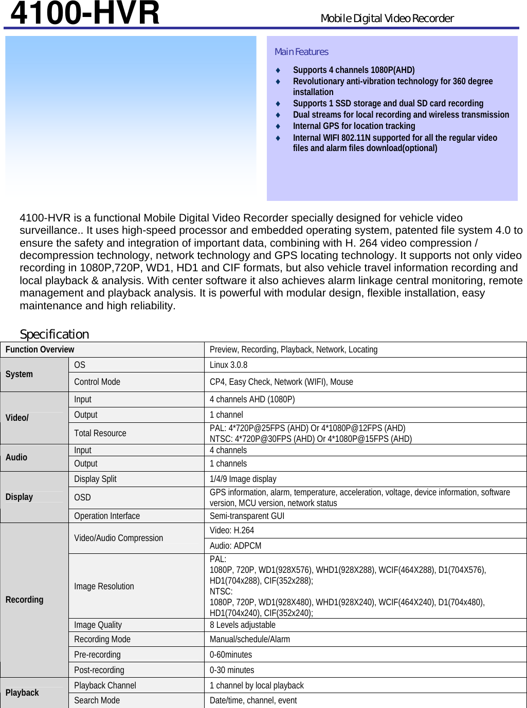          Mobile Digital Video Recorder                                                                                                      4100-HVR is a functional Mobile Digital Video Recorder specially designed for vehicle video surveillance.. It uses high-speed processor and embedded operating system, patented file system 4.0 to ensure the safety and integration of important data, combining with H. 264 video compression / decompression technology, network technology and GPS locating technology. It supports not only video recording in 1080P,720P, WD1, HD1 and CIF formats, but also vehicle travel information recording and local playback &amp; analysis. With center software it also achieves alarm linkage central monitoring, remote management and playback analysis. It is powerful with modular design, flexible installation, easy maintenance and high reliability.  Specification Function Overview  Preview, Recording, Playback, Network, Locating OS Linux 3.0.8 System  Control Mode  CP4, Easy Check, Network (WIFI), Mouse Input  4 channels AHD (1080P) Output 1 channel Video/ Total Resource  PAL: 4*720P@25FPS (AHD) Or 4*1080P@12FPS (AHD)   NTSC: 4*720P@30FPS (AHD) Or 4*1080P@15FPS (AHD) Input 4 channels Audio  Output 1 channels Display Split  1/4/9 Image display OSD  GPS information, alarm, temperature, acceleration, voltage, device information, software version, MCU version, network status Display Operation Interface  Semi-transparent GUI Video: H.264 Video/Audio Compression  Audio: ADPCM Image Resolution PAL: 1080P, 720P, WD1(928X576), WHD1(928X288), WCIF(464X288), D1(704X576), HD1(704x288), CIF(352x288); NTSC: 1080P, 720P, WD1(928X480), WHD1(928X240), WCIF(464X240), D1(704x480), HD1(704x240), CIF(352x240);                                Image Quality  8 Levels adjustable Recording Mode  Manual/schedule/Alarm   Pre-recording 0-60minutes Recording Post-recording 0-30 minutes Playback Channel  1 channel by local playback Playback  Search Mode  Date/time, channel, event Main Features ♦ Supports 4 channels 1080P(AHD)   ♦ Revolutionary anti-vibration technology for 360 degree installation ♦ Supports 1 SSD storage and dual SD card recording   ♦ Dual streams for local recording and wireless transmission   ♦ Internal GPS for location tracking ♦ Internal WIFI 802.11N supported for all the regular video files and alarm files download(optional)    4100-HVR