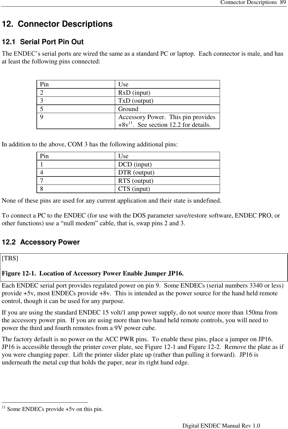 Connector Descriptions  89     Digital ENDEC Manual Rev 1.0 12.  Connector Descriptions 12.1  Serial Port Pin Out The ENDEC‟s serial ports are wired the same as a standard PC or laptop.  Each connector is male, and has at least the following pins connected:  Pin Use 2 RxD (input) 3 TxD (output) 5 Ground 9 Accessory Power.  This pin provides +8v11.  See section 12.2 for details.   In addition to the above, COM 3 has the following additional pins: Pin Use 1 DCD (input) 4 DTR (output) 7 RTS (output) 8 CTS (input) None of these pins are used for any current application and their state is undefined. To connect a PC to the ENDEC (for use with the DOS parameter save/restore software, ENDEC PRO, or other functions) use a “null modem” cable, that is, swap pins 2 and 3. 12.2  Accessory Power Each ENDEC serial port provides regulated power on pin 9.  Some ENDECs (serial numbers 3340 or less) provide +5v, most ENDECs provide +8v.  This is intended as the power source for the hand held remote control, though it can be used for any purpose. If you are using the standard ENDEC 15 volt/1 amp power supply, do not source more than 150ma from the accessory power pin.  If you are using more than two hand held remote controls, you will need to power the third and fourth remotes from a 9V power cube. The factory default is no power on the ACC PWR pins.  To enable these pins, place a jumper on JP16.  JP16 is accessible through the printer cover plate, see Figure 12-1 and Figure 12-2.  Remove the plate as if you were changing paper.  Lift the printer slider plate up (rather than pulling it forward).  JP16 is underneath the metal cup that holds the paper, near its right hand edge.                                                        11 Some ENDECs provide +5v on this pin. [TBS] Figure 12-1.  Location of Accessory Power Enable Jumper JP16. 