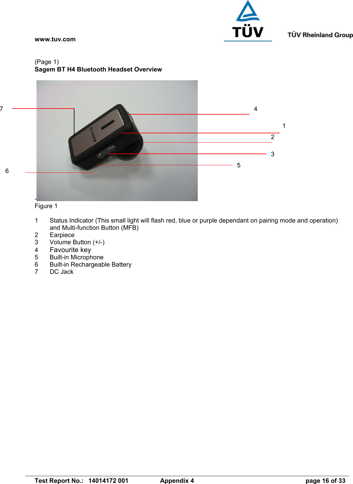 www.tuv.com   Test Report No.:  14014172 001  Appendix 4  page 16 of 33 (Page 1) Sagem BT H4 Bluetooth Headset Overview   - Figure 1  1  Status Indicator (This small light will flash red, blue or purple dependant on pairing mode and operation) and Multi-function Button (MFB) 2 Earpiece 3  Volume Button (+/-) 4  Favourite key   5 Built-in Microphone 6  Built-in Rechargeable Battery 7  DC Jack   1 2 3 5 4 6 7 