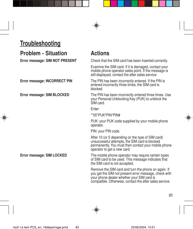 83TroubleshootingProblem - Situation ActionsError message: SIM NOT PRESENT Check that the SIM card has been inserted correctly.Examine the SIM card. If it is damaged, contact yourmobile phone operator sales point. If the message isstill displayed, contact the after sales service.Error message: INCORRECT PIN The PIN has been incorrectly entered. If the PIN isentered incorrectly three times, the SIM card isblocked.Error message: SIM BLOCKED The PIN has been incorrectly entered three times. Useyour Personal Unblocking Key (PUK) to unblock theSIM card.Enter:**05*PUK*PIN*PIN#PUK: your PUK code supplied by your mobile phoneoperator.PIN: your PIN code.After 10 (or 5 depending on the type of SIM card)unsuccessful attempts, the SIM card is blockedpermanently. You must then contact your mobile phoneoperator to get a new card.Error message: SIM LOCKED The mobile phone operator may require certain typesof SIM card to be used. This message indicates thatthe SIM card is not accepted.Remove the SIM card and turn the phone on again. Ifyou get the SIM not present error message, check withyour phone dealer whether your SIM card iscompatible. Otherwise, contact the after sales service.myX-1a twin PCS_en_16dépannage.pmd 23/06/2004, 10:5183