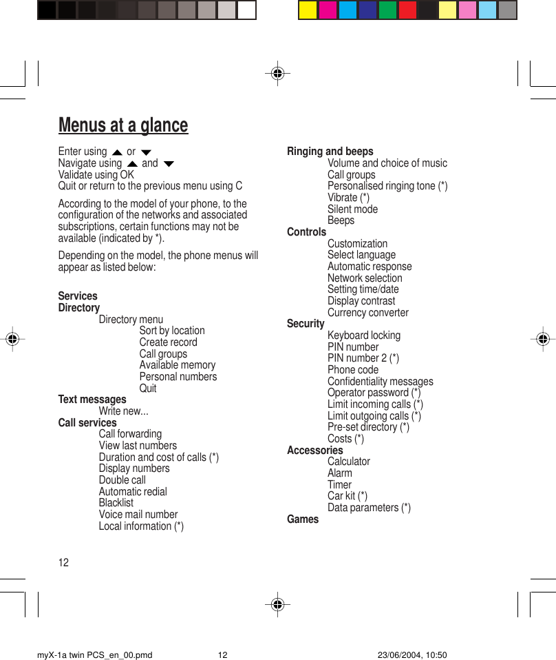 12Menus at a glanceEnter using   or Navigate using  and Validate using OKQuit or return to the previous menu using CAccording to the model of your phone, to theconfiguration of the networks and associatedsubscriptions, certain functions may not beavailable (indicated by *).Depending on the model, the phone menus willappear as listed below:ServicesDirectoryDirectory menuSort by locationCreate recordCall groupsAvailable memoryPersonal numbersQuitText messagesWrite new...Call servicesCall forwardingView last numbersDuration and cost of calls (*)Display numbersDouble callAutomatic redialBlacklistVoice mail numberLocal information (*)Ringing and beepsVolume and choice of musicCall groupsPersonalised ringing tone (*)Vibrate (*)Silent modeBeepsControlsCustomizationSelect languageAutomatic responseNetwork selectionSetting time/dateDisplay contrastCurrency converterSecurity Keyboard lockingPIN numberPIN number 2 (*)Phone codeConfidentiality messagesOperator password (*)Limit incoming calls (*)Limit outgoing calls (*)Pre-set directory (*)Costs (*)AccessoriesCalculatorAlarmTimerCar kit (*)Data parameters (*)GamesmyX-1a twin PCS_en_00.pmd 23/06/2004, 10:5012