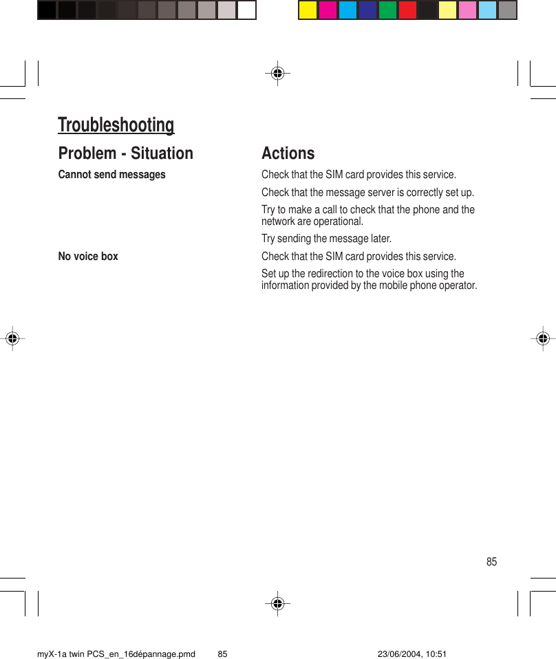 85TroubleshootingProblem - Situation ActionsCannot send messages Check that the SIM card provides this service.Check that the message server is correctly set up.Try to make a call to check that the phone and thenetwork are operational.Try sending the message later.No voice box Check that the SIM card provides this service.Set up the redirection to the voice box using theinformation provided by the mobile phone operator.myX-1a twin PCS_en_16dépannage.pmd 23/06/2004, 10:5185