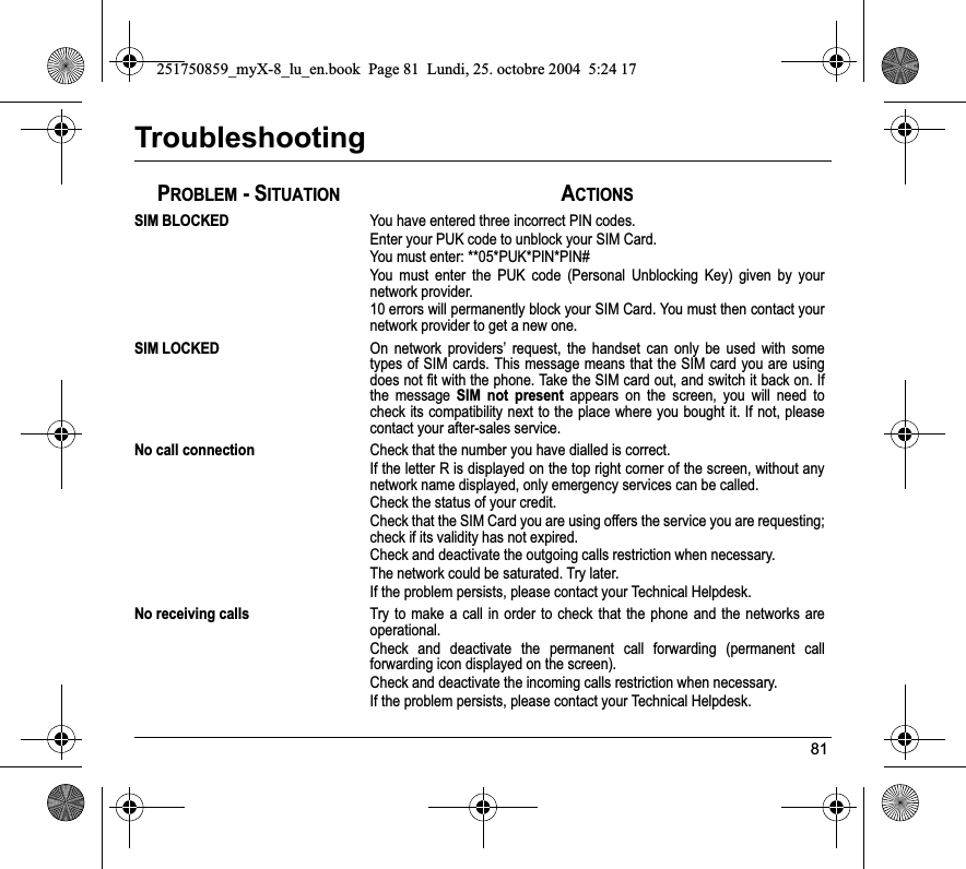 81TroubleshootingSIM BLOCKEDYou have entered three incorrect PIN codes.Enter your PUK code to unblock your SIM Card.You must enter: **05*PUK*PIN*PIN#You must enter the PUK code (Personal Unblocking Key) given by your network provider.10 errors will permanently block your SIM Card. You must then contact your network provider to get a new one.SIM LOCKEDOn network providers’ request, the handset can only be used with some types of SIM cards. This message means that the SIM card you are using does not fit with the phone. Take the SIM card out, and switch it back on. If the message SIM not present appears on the screen, you will need to check its compatibility next to the place where you bought it. If not, please contact your after-sales service.No call connectionCheck that the number you have dialled is correct.If the letter R is displayed on the top right corner of the screen, without any network name displayed, only emergency services can be called.Check the status of your credit.Check that the SIM Card you are using offers the service you are requesting; check if its validity has not expired.Check and deactivate the outgoing calls restriction when necessary.The network could be saturated. Try later.If the problem persists, please contact your Technical Helpdesk.No receiving callsTry to make a call in order to check that the phone and the networks are operational. Check and deactivate the permanent call forwarding (permanent call forwarding icon displayed on the screen). Check and deactivate the incoming calls restriction when necessary.If the problem persists, please contact your Technical Helpdesk.PROBLEM - SITUATIONACTIONS251750859_myX-8_lu_en.book  Page 81  Lundi, 25. octobre 2004  5:24 17