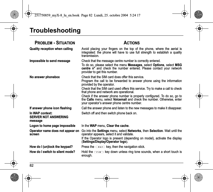 82TroubleshootingQuality reception when callingAvoid placing your fingers on the top of the phone, where the aerial is integrated: the phone will have to use full strength to establish a quality transmission.Impossible to send messageCheck that the message centre number is correctly entered.To do so, please select the menu Messages, select Options, select MSGcentre n° and check the number entered. Please contact your network provider to get this number.No answer phoneboxCheck that the SIM card does offer this service.Program the call to be forwarded to answer phone using the information provided by the operator.Check that the SIM card used offers this service. Try to make a call to check that phone and network are operational.Check if the answer phone number is properly configured. To do so, go to the Calls menu, select Voicemail and check the number. Otherwise, enter your operator’s answer phone centre number.If answer phone icon flashingCall the answer phone and listen to the new messages to make it disappear.In WAP context: SERVER NOT ANSWERING messageSwitch off and then switch phone back on.Logon to home page impossibleIn the WAP menu, Clear the cache.Operator name does not appear on screenGo into the Settings menu, select Networks, then Selection. Wait until the operator appears, select it and validate.If the Operator logo is present (depending on model), activate the display (Settings/Display/Operator logo).How do I (un)lock the keypad?Press the   key, then the navigation stick.How do I switch to silent mode?Hold the   key down unless ring tone sounds, when a short touch is enough.PROBLEM - SITUATIONACTIONS251750859_myX-8_lu_en.book  Page 82  Lundi, 25. octobre 2004  5:24 17