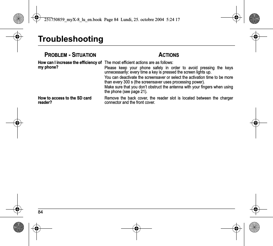 84TroubleshootingHow can I increase the efficiency of my phone?The most efficient actions are as follows:Please keep your phone safely in order to avoid pressing the keys unnecessarily: every time a key is pressed the screen lights up.You can deactivate the screensaver or select the activation time to be more than every 300 s (the screensaver uses processing power).Make sure that you don’t obstruct the antenna with your fingers when using the phone (see page 21).How to access to the SD card reader?Remove the back cover, the reader slot is located between the charger connector and the front cover.PROBLEM - SITUATIONACTIONS251750859_myX-8_lu_en.book  Page 84  Lundi, 25. octobre 2004  5:24 17