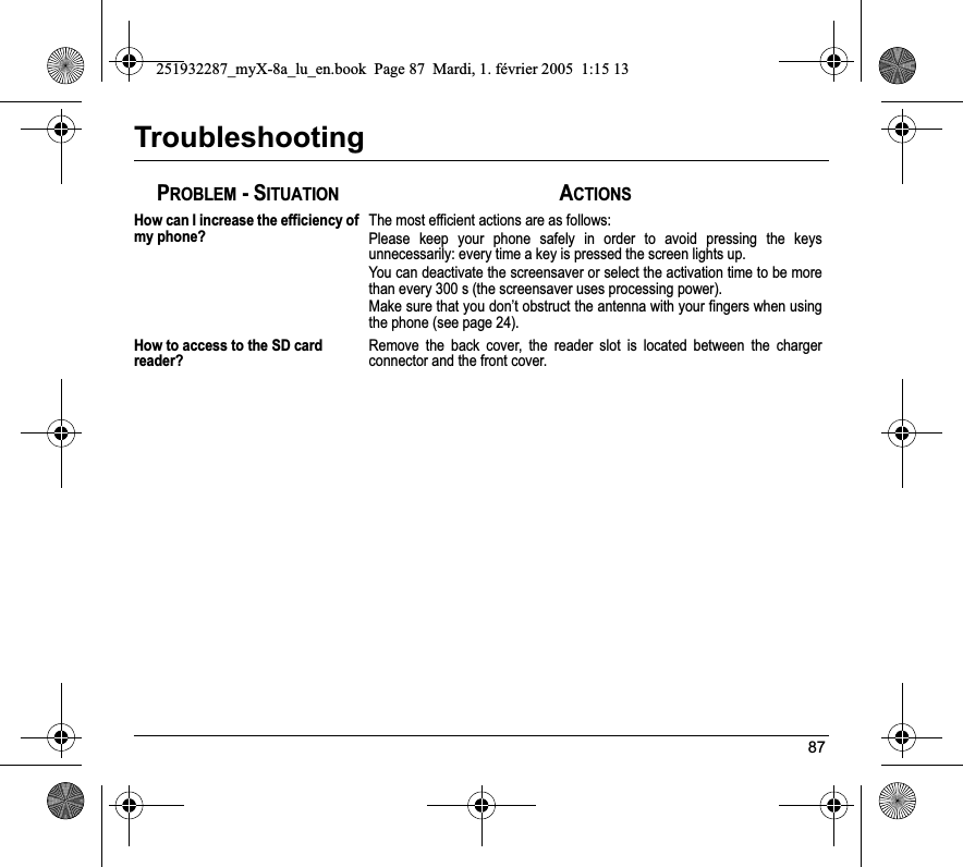 87TroubleshootingHow can I increase the efficiency of my phone?The most efficient actions are as follows:Please keep your phone safely in order to avoid pressing the keys unnecessarily: every time a key is pressed the screen lights up.You can deactivate the screensaver or select the activation time to be more than every 300 s (the screensaver uses processing power).Make sure that you don’t obstruct the antenna with your fingers when using the phone (see page 24).How to access to the SD card reader?Remove the back cover, the reader slot is located between the charger connector and the front cover.PROBLEM - SITUATIONACTIONS251932287_myX-8a_lu_en.book  Page 87  Mardi, 1. février 2005  1:15 13