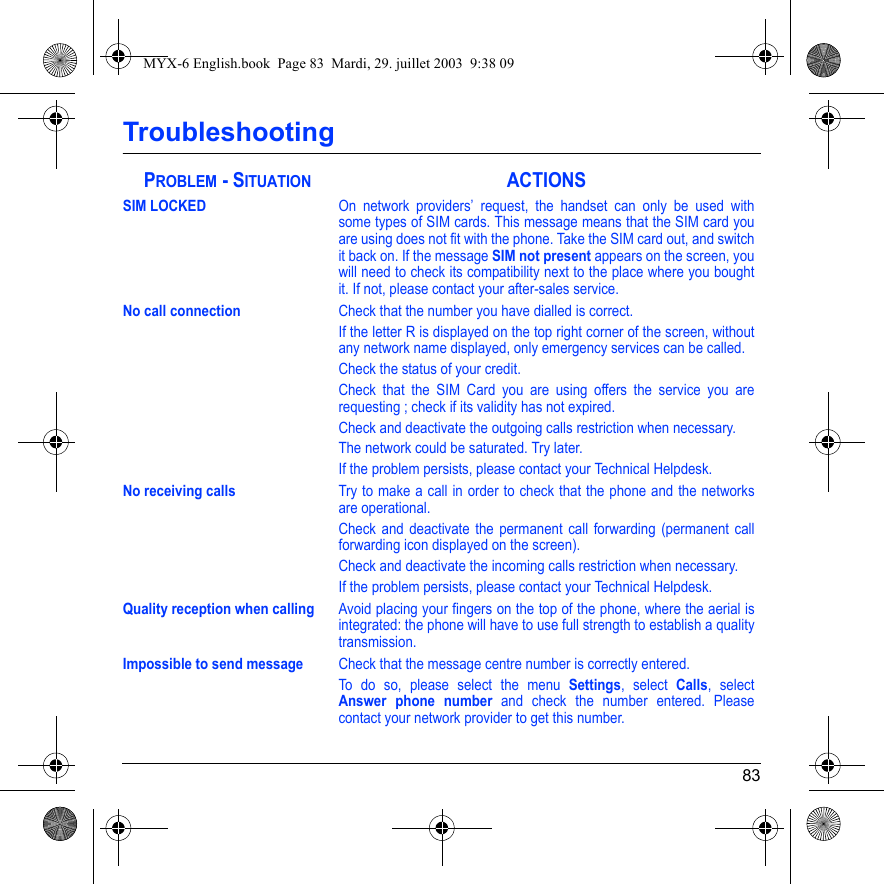 83TroubleshootingSIM LOCKEDOn network providers’ request, the handset can only be used with some types of SIM cards. This message means that the SIM card you are using does not fit with the phone. Take the SIM card out, and switch it back on. If the message SIM not present appears on the screen, you will need to check its compatibility next to the place where you bought it. If not, please contact your after-sales service.No call connectionCheck that the number you have dialled is correct.If the letter R is displayed on the top right corner of the screen, without any network name displayed, only emergency services can be called.Check the status of your credit.Check that the SIM Card you are using offers the service you are requesting ; check if its validity has not expired.Check and deactivate the outgoing calls restriction when necessary.The network could be saturated. Try later.If the problem persists, please contact your Technical Helpdesk.No receiving callsTry to make a call in order to check that the phone and the networks are operational. Check and deactivate the permanent call forwarding (permanent call forwarding icon displayed on the screen). Check and deactivate the incoming calls restriction when necessary.If the problem persists, please contact your Technical Helpdesk.Quality reception when callingAvoid placing your fingers on the top of the phone, where the aerial is integrated: the phone will have to use full strength to establish a quality transmission.Impossible to send messageCheck that the message centre number is correctly entered.To do so, please select the menu Settings, select Calls, select Answer phone number and check the number entered. Please contact your network provider to get this number.PROBLEM - SITUATIONACTIONSMYX-6 English.book  Page 83  Mardi, 29. juillet 2003  9:38 09