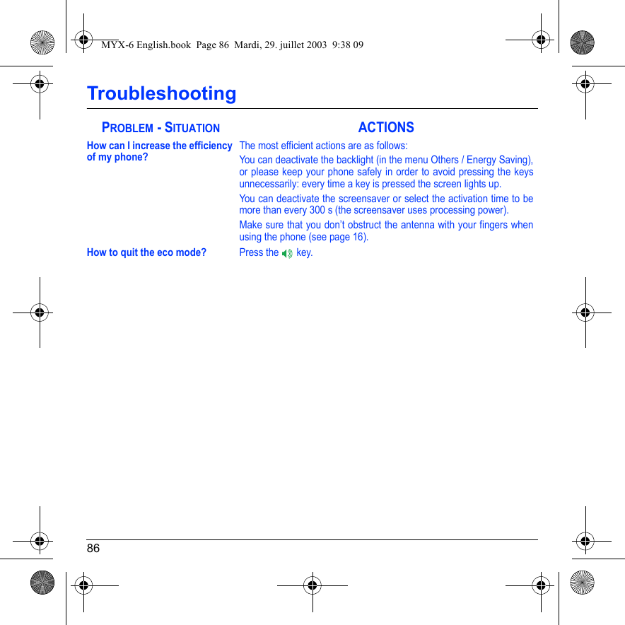 86TroubleshootingHow can I increase the efficiency of my phone?The most efficient actions are as follows:You can deactivate the backlight (in the menu Others / Energy Saving), or please keep your phone safely in order to avoid pressing the keys unnecessarily: every time a key is pressed the screen lights up.You can deactivate the screensaver or select the activation time to be more than every 300 s (the screensaver uses processing power).Make sure that you don’t obstruct the antenna with your fingers when using the phone (see page 16).How to quit the eco mode?Press the   key.PROBLEM - SITUATIONACTIONSMYX-6 English.book  Page 86  Mardi, 29. juillet 2003  9:38 09