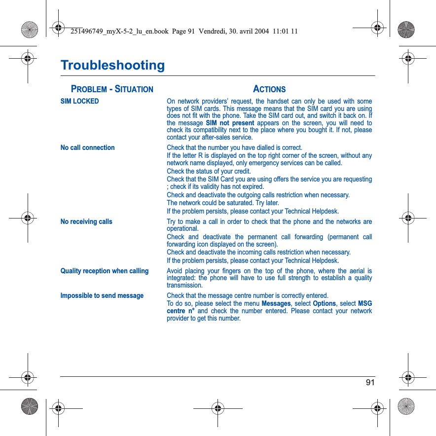 91TroubleshootingSIM LOCKEDOn network providers’ request, the handset can only be used with some types of SIM cards. This message means that the SIM card you are using does not fit with the phone. Take the SIM card out, and switch it back on. If the message SIM not present appears on the screen, you will need to check its compatibility next to the place where you bought it. If not, please contact your after-sales service.No call connectionCheck that the number you have dialled is correct.If the letter R is displayed on the top right corner of the screen, without any network name displayed, only emergency services can be called.Check the status of your credit.Check that the SIM Card you are using offers the service you are requesting ; check if its validity has not expired.Check and deactivate the outgoing calls restriction when necessary.The network could be saturated. Try later.If the problem persists, please contact your Technical Helpdesk.No receiving callsTry to make a call in order to check that the phone and the networks are operational. Check and deactivate the permanent call forwarding (permanent call forwarding icon displayed on the screen). Check and deactivate the incoming calls restriction when necessary.If the problem persists, please contact your Technical Helpdesk.Quality reception when callingAvoid placing your fingers on the top of the phone, where the aerial is integrated: the phone will have to use full strength to establish a quality transmission.Impossible to send messageCheck that the message centre number is correctly entered.To do so, please select the menu Messages, select Options, select MSGcentre n° and check the number entered. Please contact your network provider to get this number.PROBLEM - SITUATIONACTIONS251496749_myX-5-2_lu_en.book  Page 91  Vendredi, 30. avril 2004  11:01 11