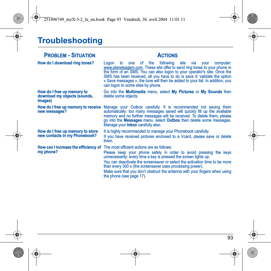 93TroubleshootingHow do I download ring tones?Logon to one of the following site via your computer: www.planetsagem.com. These site offer to send ring tones to your phone in the form of an SMS. You can also logon to your operator&apos;s site. Once the SMS has been received, all you have to do is save it: validate the option « Save messages », the tune will then be added to your list. In addition, you can logon to some sites by phone.How do I free up memory to download my objects (sounds, images)Go into the Multimedia menu, select My Pictures or My Sounds then delete some objects.How do I free up memory to receive new messages?Manage your Outbox carefully. It is recommended not saving them automatically: too many messages saved will quickly fill up the available memory and no further messages will be received. To delete them, please go into the Messages menu, select Outbox then delete some messages. Manage your Inbox carefully also.How do I free up memory to store new contacts in my Phonebook?It is highly recommended to manage your Phonebook carefully.If you have received pictures enclosed to a Vcard, please save or delete them.How can I increase the efficiency of my phone?The most efficient actions are as follows:Please keep your phone safely in order to avoid pressing the keys unnecessarily: every time a key is pressed the screen lights up.You can deactivate the screensaver or select the activation time to be more than every 300 s (the screensaver uses processing power).Make sure that you don’t obstruct the antenna with your fingers when using the phone (see page 17).PROBLEM - SITUATIONACTIONS251496749_myX-5-2_lu_en.book  Page 93  Vendredi, 30. avril 2004  11:01 11