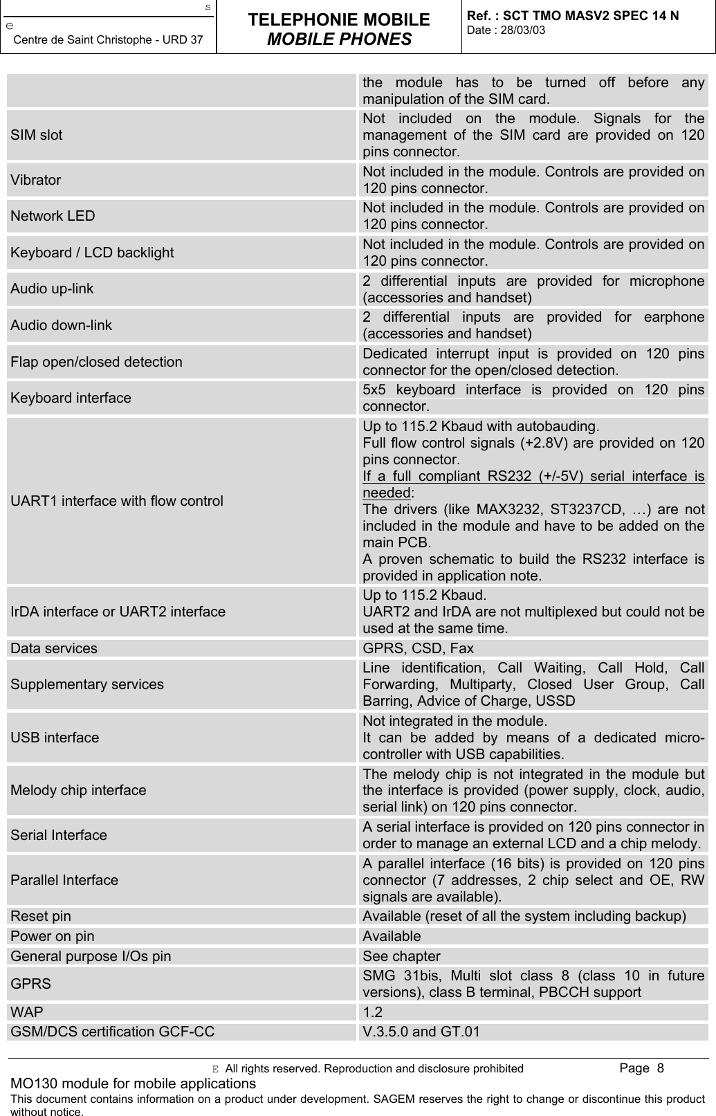 seCentre de Saint Christophe - URD 37TELEPHONIE MOBILEMOBILE PHONESRef. : SCT TMO MASV2 SPEC 14 NDate : 28/03/03E  All rights reserved. Reproduction and disclosure prohibited Page  8MO130 module for mobile applicationsThis document contains information on a product under development. SAGEM reserves the right to change or discontinue this productwithout notice.the module has to be turned off before anymanipulation of the SIM card.SIM slotNot included on the module. Signals for themanagement of the SIM card are provided on 120pins connector.Vibrator Not included in the module. Controls are provided on120 pins connector.Network LED Not included in the module. Controls are provided on120 pins connector.Keyboard / LCD backlight Not included in the module. Controls are provided on120 pins connector.Audio up-link 2 differential inputs are provided for microphone(accessories and handset)Audio down-link 2 differential inputs are provided for earphone(accessories and handset)Flap open/closed detection Dedicated interrupt input is provided on 120 pinsconnector for the open/closed detection.Keyboard interface 5x5 keyboard interface is provided on 120 pinsconnector.UART1 interface with flow controlUp to 115.2 Kbaud with autobauding.Full flow control signals (+2.8V) are provided on 120pins connector.If a full compliant RS232 (+/-5V) serial interface isneeded:The drivers (like MAX3232, ST3237CD, …) are notincluded in the module and have to be added on themain PCB.A proven schematic to build the RS232 interface isprovided in application note.IrDA interface or UART2 interfaceUp to 115.2 Kbaud.UART2 and IrDA are not multiplexed but could not beused at the same time.Data services GPRS, CSD, FaxSupplementary servicesLine identification, Call Waiting, Call Hold, CallForwarding, Multiparty, Closed User Group, CallBarring, Advice of Charge, USSDUSB interfaceNot integrated in the module.It can be added by means of a dedicated micro-controller with USB capabilities.Melody chip interfaceThe melody chip is not integrated in the module butthe interface is provided (power supply, clock, audio,serial link) on 120 pins connector.Serial Interface A serial interface is provided on 120 pins connector inorder to manage an external LCD and a chip melody.Parallel InterfaceA parallel interface (16 bits) is provided on 120 pinsconnector (7 addresses, 2 chip select and OE, RWsignals are available).Reset pin Available (reset of all the system including backup)Power on pin AvailableGeneral purpose I/Os pin See chapterGPRS SMG 31bis, Multi slot class 8 (class 10 in futureversions), class B terminal, PBCCH supportWAP 1.2GSM/DCS certification GCF-CC V.3.5.0 and GT.01