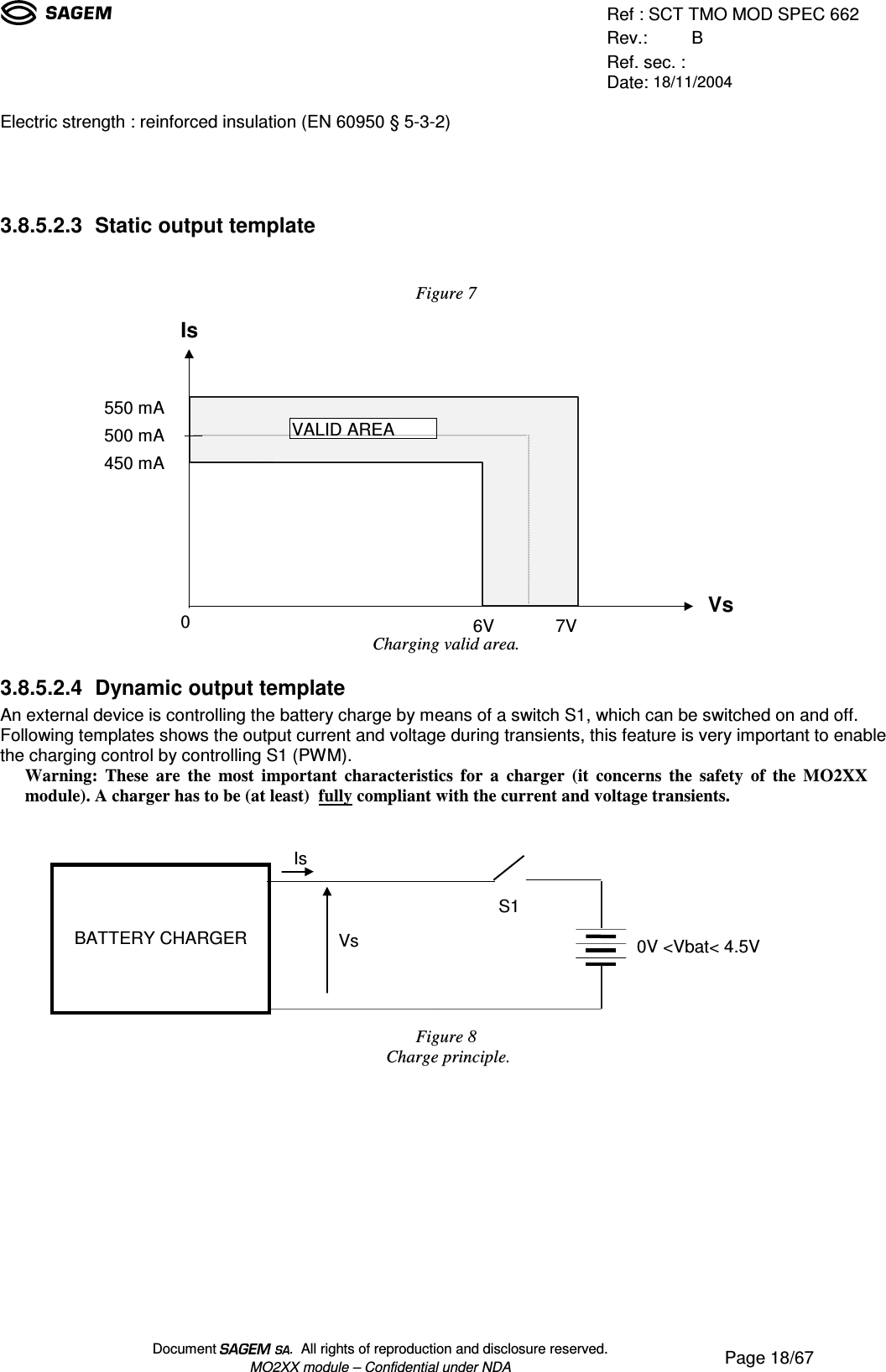 Ref : SCT TMO MOD SPEC 662Rev.: BRef. sec. :Date: 18/11/2004Document  .  All rights of reproduction and disclosure reserved.MO2XX module – Confidential under NDA Page 18/67Electric strength : reinforced insulation (EN 60950 § 5-3-2)3.8.5.2.3 Static output templateFigure 7Charging valid area.3.8.5.2.4 Dynamic output templateAn external device is controlling the battery charge by means of a switch S1, which can be switched on and off.Following templates shows the output current and voltage during transients, this feature is very important to enablethe charging control by controlling S1 (PWM).Warning: These are the most important characteristics for a charger (it concerns the safety of the MO2XXmodule). A charger has to be (at least)  fully compliant with the current and voltage transients.Figure 8 Charge principle.550 mA450 mAIsVs6V7V0500 mAVALID AREABATTERY CHARGER0V &lt;Vbat&lt; 4.5VVsIsS1