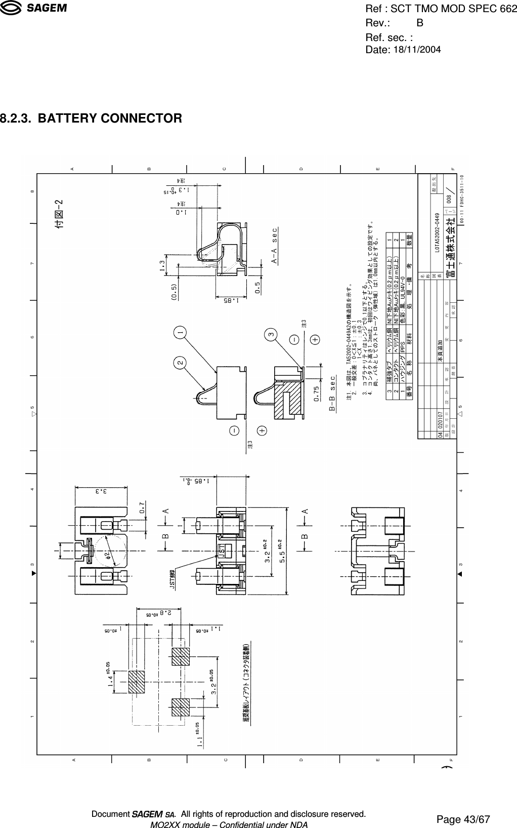 Ref : SCT TMO MOD SPEC 662Rev.: BRef. sec. :Date: 18/11/2004Document  .  All rights of reproduction and disclosure reserved.MO2XX module – Confidential under NDA Page 43/678.2.3. BATTERY CONNECTOR