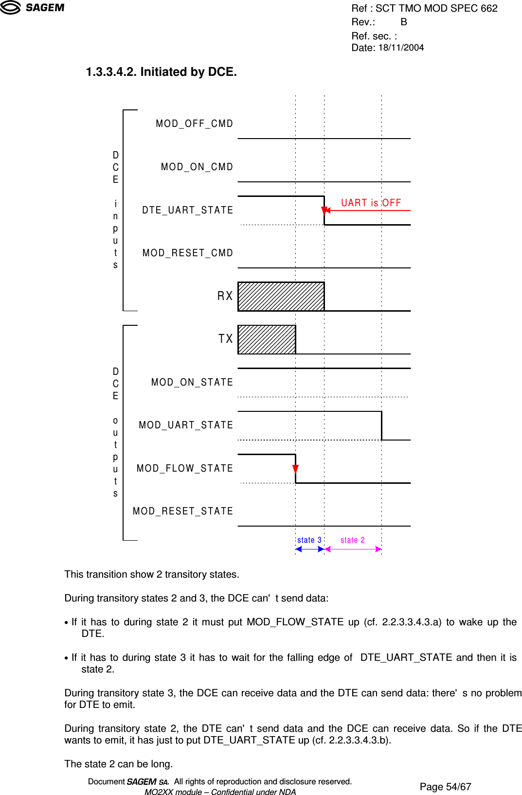 Ref : SCT TMO MOD SPEC 662Rev.: BRef. sec. :Date: 18/11/2004Document  .  All rights of reproduction and disclosure reserved.MO2XX module – Confidential under NDA Page 54/671.3.3.4.2. Initiated by DCE.MOD_ON_CMDMOD_OFF_CMDDTE_UART_STATEMOD_RESET_CMDMOD_UART_STATEMOD_ON_STATEMOD_FLOW_STATERXTXDCEinputsDCEoutputsMOD_RESET_STATEUART is OFFstate 3state 2This transition show 2 transitory states.During transitory states 2 and 3, the DCE can&apos;t send data:• If it has to during state 2 it must put MOD_FLOW_STATE up (cf. 2.2.3.3.4.3.a) to wake up theDTE.• If it has to during state 3 it has to wait for the falling edge of  DTE_UART_STATE and then it isstate 2.During transitory state 3, the DCE can receive data and the DTE can send data: there&apos;s no problemfor DTE to emit.During transitory state 2, the DTE can&apos;t send data and the DCE can receive data. So if the DTEwants to emit, it has just to put DTE_UART_STATE up (cf. 2.2.3.3.4.3.b).The state 2 can be long.