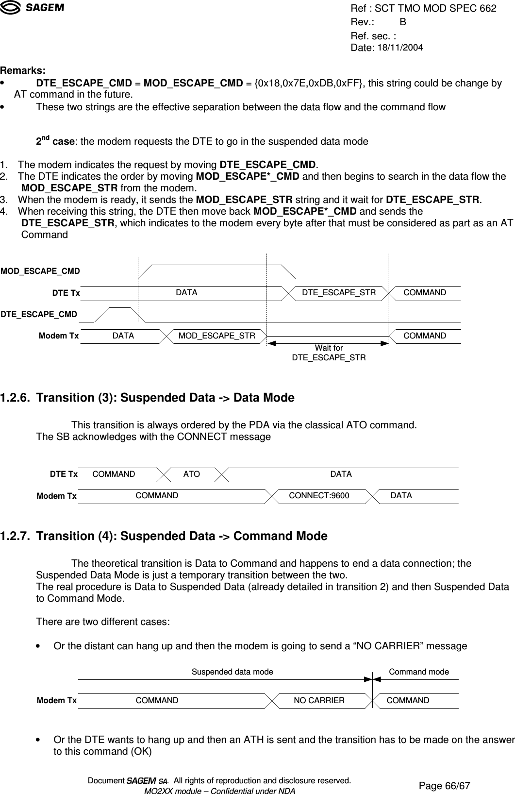 Ref : SCT TMO MOD SPEC 662Rev.: BRef. sec. :Date: 18/11/2004Document  .  All rights of reproduction and disclosure reserved.MO2XX module – Confidential under NDA Page 66/67Remarks:• DTE_ESCAPE_CMD = MOD_ESCAPE_CMD = {0x18,0x7E,0xDB,0xFF}, this string could be change byAT command in the future.• These two strings are the effective separation between the data flow and the command flow2nd case: the modem requests the DTE to go in the suspended data mode1. The modem indicates the request by moving DTE_ESCAPE_CMD.2. The DTE indicates the order by moving MOD_ESCAPE*_CMD and then begins to search in the data flow theMOD_ESCAPE_STR from the modem.3. When the modem is ready, it sends the MOD_ESCAPE_STR string and it wait for DTE_ESCAPE_STR.4. When receiving this string, the DTE then move back MOD_ESCAPE*_CMD and sends theDTE_ESCAPE_STR, which indicates to the modem every byte after that must be considered as part as an ATCommandModem TxDTE_ESCAPE_CMDDTE TxMOD_ESCAPE_CMDMOD_ESCAPE_STRDATADATADTE_ESCAPE_STRCOMMANDCOMMANDWait forDTE_ESCAPE_STR1.2.6. Transition (3): Suspended Data -&gt; Data ModeThis transition is always ordered by the PDA via the classical ATO command.The SB acknowledges with the CONNECT messageModem TxDTE TxDATACOMMANDATODATACOMMANDCONNECT:96001.2.7. Transition (4): Suspended Data -&gt; Command ModeThe theoretical transition is Data to Command and happens to end a data connection; theSuspended Data Mode is just a temporary transition between the two.The real procedure is Data to Suspended Data (already detailed in transition 2) and then Suspended Datato Command Mode.There are two different cases:• Or the distant can hang up and then the modem is going to send a “NO CARRIER” messageModem TxCOMMANDNO CARRIERCOMMANDSuspended data modeCommand mode• Or the DTE wants to hang up and then an ATH is sent and the transition has to be made on the answerto this command (OK)