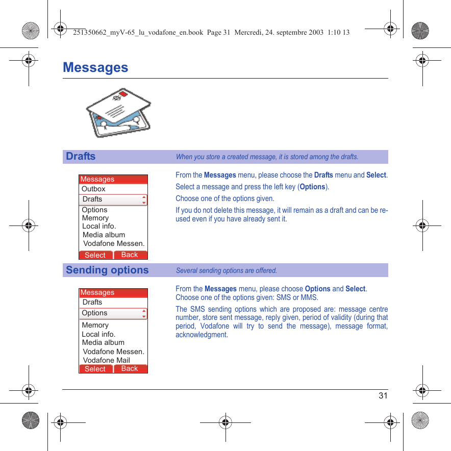 31MessagesFrom the Messages menu, please choose the Drafts menu and Select.Select a message and press the left key (Options). Choose one of the options given.If you do not delete this message, it will remain as a draft and can be re-used even if you have already sent it.From the Messages menu, please choose Options and Select.Choose one of the options given: SMS or MMS.The SMS sending options which are proposed are: message centre number, store sent message, reply given, period of validity (during that period, Vodafone will try to send the message), message format, acknowledgment.DraftsWhen you store a created message, it is stored among the drafts.Sending optionsSeveral sending options are offered.MessagesBack SelectBack OKBack OKBack OptionsBack OKBackSelectOptionsDraftsMedia albumLocal info.MessagesVodafone Messen.OutboxMemoryMessagesBack SelectMessagesBack SelectBack OKBack OKBack OptionsBack OKBackSelectOptionsDraftsMedia albumLocal info.MessagesVodafone Messen.Vodafone MailMemory251350662_myV-65_lu_vodafone_en.book  Page 31  Mercredi, 24. septembre 2003  1:10 13