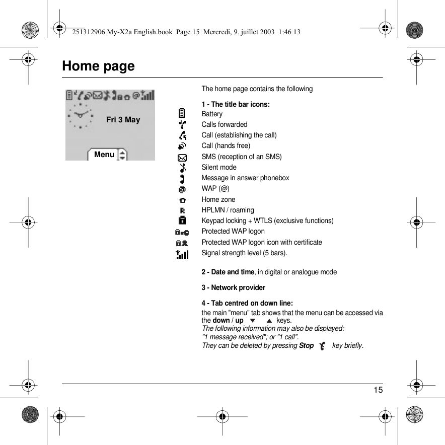 15Home pageThe home page contains the following1 - The title bar icons:BatteryCalls forwarded Call (establishing the call)Call (hands free)SMS (reception of an SMS)Silent modeMessage in answer phoneboxWAP (@)Home zoneHPLMN / roamingKeypad locking + WTLS (exclusive functions)Protected WAP logonProtected WAP logon icon with certificateSignal strength level (5 bars).2 - Date and time, in digital or analogue mode3 - Network provider4 - Tab centred on down line:the main &quot;menu&quot; tab shows that the menu can be accessed via the down / up  keys. The following information may also be displayed:&quot;1 message received&quot;; or &quot;1 call&quot;.They can be deleted by pressing Stop  key briefly.MenuFri 3 May251312906 My-X2a English.book  Page 15  Mercredi, 9. juillet 2003  1:46 13