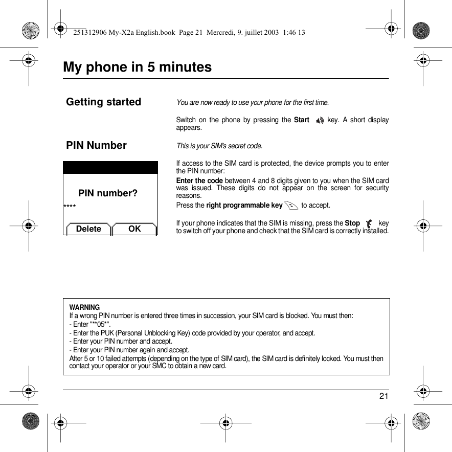 21My phone in 5 minutesSwitch on the phone by pressing the Start key. A short display appears.If access to the SIM card is protected, the device prompts you to enter the PIN number:Enter the code between 4 and 8 digits given to you when the SIM card was issued. These digits do not appear on the screen for security reasons. Press the right programmable key  to accept. If your phone indicates that the SIM is missing, press the Stop  key to switch off your phone and check that the SIM card is correctly installed.Getting startedYou are now ready to use your phone for the first time.PIN NumberThis is your SIM&apos;s secret code.WARNINGIf a wrong PIN number is entered three times in succession, your SIM card is blocked. You must then:- Enter &quot;**05*&quot;.- Enter the PUK (Personal Unblocking Key) code provided by your operator, and accept.- Enter your PIN number and accept. - Enter your PIN number again and accept.After 5 or 10 failed attempts (depending on the type of SIM card), the SIM card is definitely locked. You must then contact your operator or your SMC to obtain a new card. Delete OKPIN number?****251312906 My-X2a English.book  Page 21  Mercredi, 9. juillet 2003  1:46 13