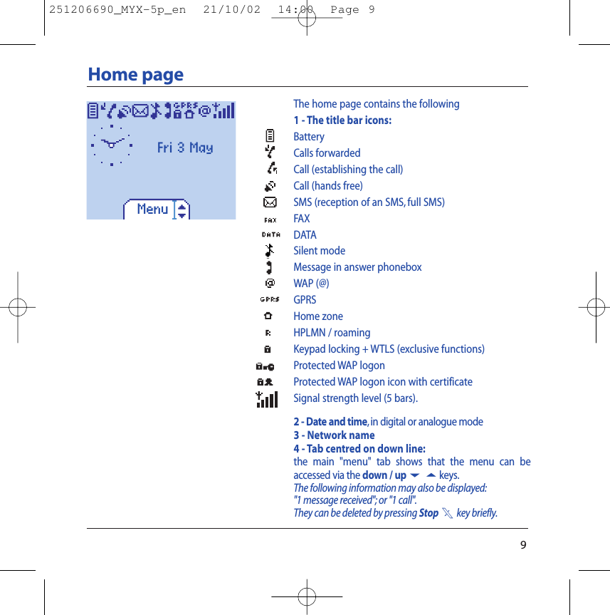 9Home pageThe home page contains the following1 - The title bar icons:BatteryCalls forwarded Call (establishing the call)Call (hands free)SMS (reception of an SMS, full SMS)FAXDATASilent modeMessage in answer phoneboxWAP (@)GPRSHome zoneHPLMN / roamingKeypad locking + WTLS (exclusive functions)Protected WAP logonProtected WAP logon icon with certificateSignal strength level (5 bars).2 - Date and time,in digital or analogue mode3 - Network name4 - Tab centred on down line:the main &quot;menu&quot; tab shows that the menu can beaccessed via the down / up65keys.The following information may also be displayed:&quot;1 message received&quot;; or &quot;1 call&quot;.They can be deleted by pressing Stop1key briefly.MenuFri 3 May251206690_MYX-5p_en  21/10/02  14:00  Page 9