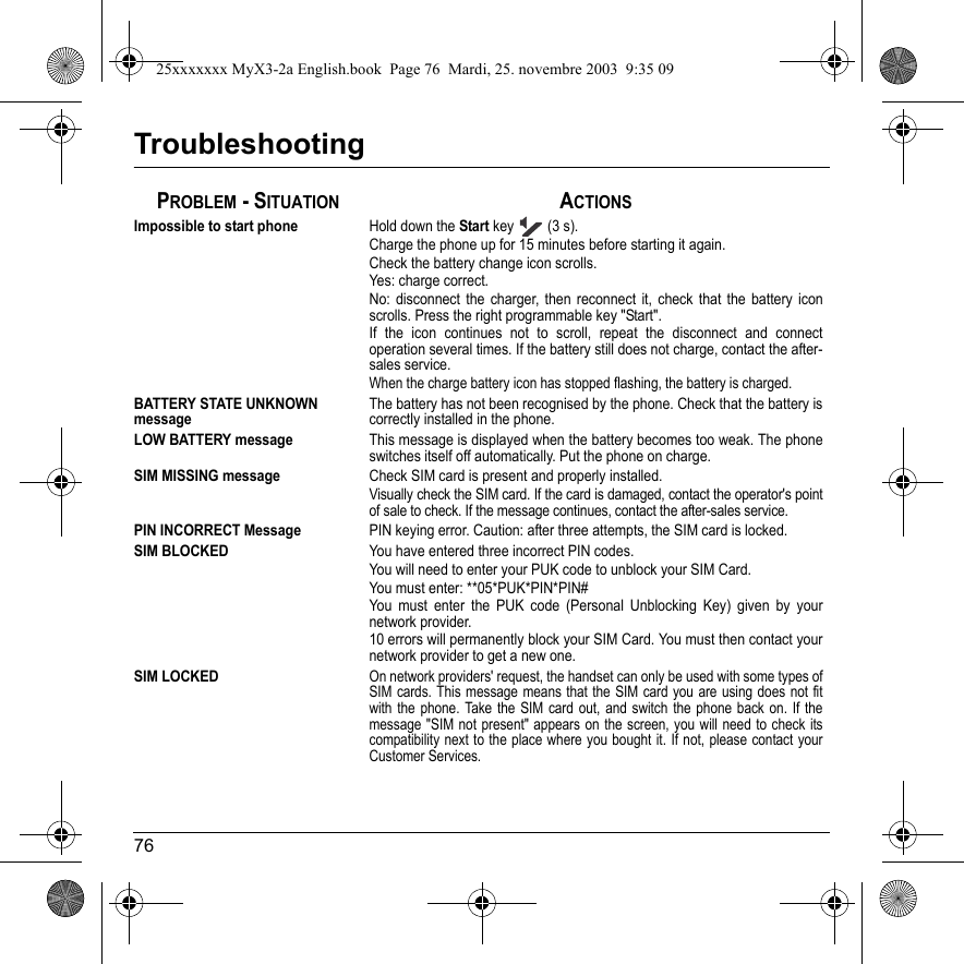 76TroubleshootingPROBLEM - SITUATIONACTIONSImpossible to start phoneHold down the Start key   (3 s).Charge the phone up for 15 minutes before starting it again.Check the battery change icon scrolls.Yes: charge correct.No: disconnect the charger, then reconnect it, check that the battery icon scrolls. Press the right programmable key &quot;Start&quot;.If the icon continues not to scroll, repeat the disconnect and connect operation several times. If the battery still does not charge, contact the after-sales service.When the charge battery icon has stopped flashing, the battery is charged.BATTERY STATE UNKNOWN messageThe battery has not been recognised by the phone. Check that the battery is correctly installed in the phone.LOW BATTERY messageThis message is displayed when the battery becomes too weak. The phone switches itself off automatically. Put the phone on charge.SIM MISSING messageCheck SIM card is present and properly installed.Visually check the SIM card. If the card is damaged, contact the operator&apos;s point of sale to check. If the message continues, contact the after-sales service.PIN INCORRECT MessagePIN keying error. Caution: after three attempts, the SIM card is locked.SIM BLOCKEDYou have entered three incorrect PIN codes.You will need to enter your PUK code to unblock your SIM Card.You must enter: **05*PUK*PIN*PIN#You must enter the PUK code (Personal Unblocking Key) given by your network provider.10 errors will permanently block your SIM Card. You must then contact your network provider to get a new one.SIM LOCKEDOn network providers&apos; request, the handset can only be used with some types of SIM cards. This message means that the SIM card you are using does not fit with the phone. Take the SIM card out, and switch the phone back on. If the message &quot;SIM not present&quot; appears on the screen, you will need to check its compatibility next to the place where you bought it. If not, please contact your Customer Services.25xxxxxxx MyX3-2a English.book  Page 76  Mardi, 25. novembre 2003  9:35 09