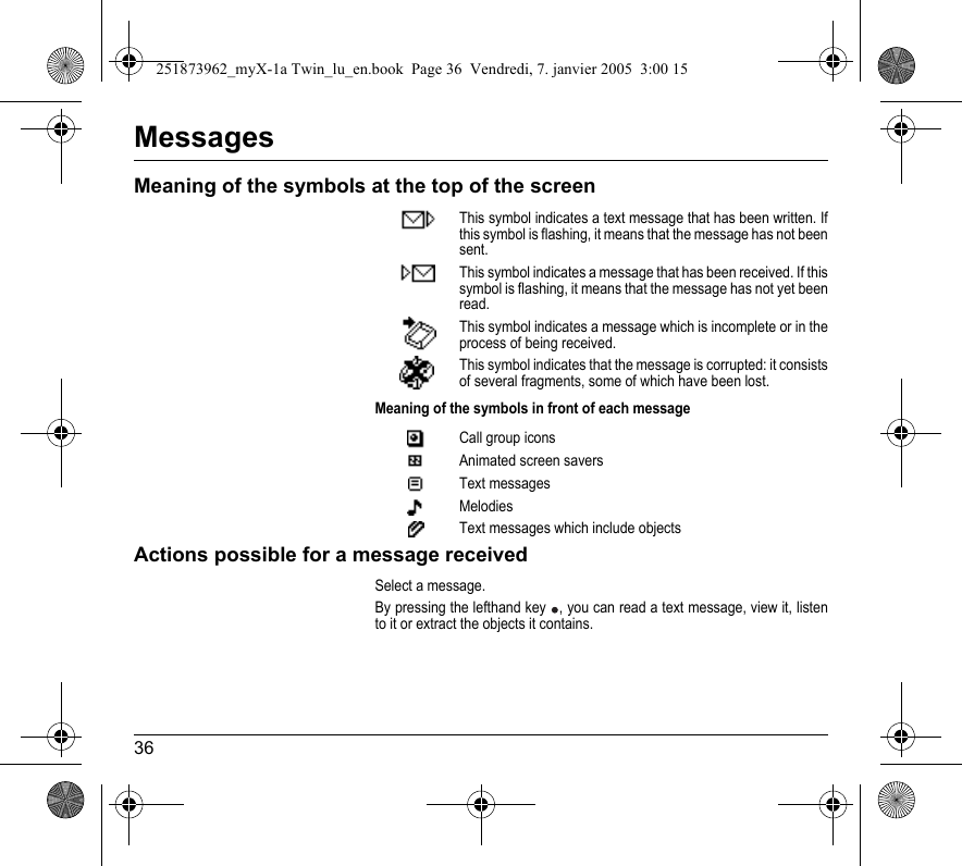 36MessagesMeaning of the symbols at the top of the screenMeaning of the symbols in front of each messageActions possible for a message receivedSelect a message.By pressing the lefthand key , you can read a text message, view it, listen to it or extract the objects it contains.This symbol indicates a text message that has been written. If this symbol is flashing, it means that the message has not been sent.This symbol indicates a message that has been received. If this symbol is flashing, it means that the message has not yet been read.This symbol indicates a message which is incomplete or in the process of being received.This symbol indicates that the message is corrupted: it consists of several fragments, some of which have been lost.Call group iconsAnimated screen saversText messagesMelodiesText messages which include objects251873962_myX-1a Twin_lu_en.book  Page 36  Vendredi, 7. janvier 2005  3:00 15