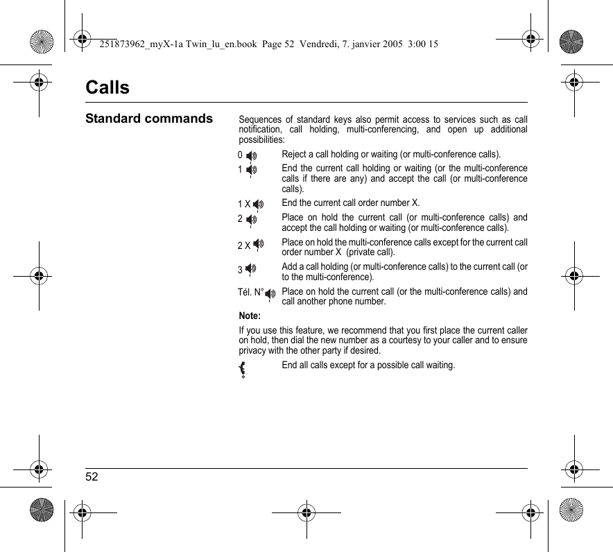 52CallsStandard commandsSequences of standard keys also permit access to services such as call notification, call holding, multi-conferencing, and open up additional possibilities:Reject a call holding or waiting (or multi-conference calls).End the current call holding or waiting (or the multi-conference calls if there are any) and accept the call (or multi-conference calls).End the current call order number X.Place on hold the current call (or multi-conference calls) and accept the call holding or waiting (or multi-conference calls).Place on hold the multi-conference calls except for the current call order number X  (private call).Add a call holding (or multi-conference calls) to the current call (or to the multi-conference).Place on hold the current call (or the multi-conference calls) and call another phone number.Note:If you use this feature, we recommend that you first place the current caller on hold, then dial the new number as a courtesy to your caller and to ensure privacy with the other party if desired.End all calls except for a possible call waiting.011 X22 X3Tél. N° 251873962_myX-1a Twin_lu_en.book  Page 52  Vendredi, 7. janvier 2005  3:00 15