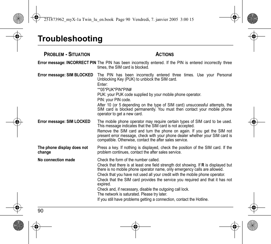 90TroubleshootingError message: INCORRECT PINThe PIN has been incorrectly entered. If the PIN is entered incorrectly three times, the SIM card is blocked.Error message: SIM BLOCKEDThe PIN has been incorrectly entered three times. Use your Personal Unblocking Key (PUK) to unblock the SIM card.Enter:**05*PUK*PIN*PIN#PUK: your PUK code supplied by your mobile phone operator.PIN: your PIN code.After 10 (or 5 depending on the type of SIM card) unsuccessful attempts, the SIM card is blocked permanently. You must then contact your mobile phone operator to get a new card.Error message: SIM LOCKEDThe mobile phone operator may require certain types of SIM card to be used. This message indicates that the SIM card is not accepted.Remove the SIM card and turn the phone on again. If you get the SIM not present error message, check with your phone dealer whether your SIM card is compatible. Otherwise, contact the after sales service.The phone display does not changePress a key. If nothing is displayed, check the position of the SIM card. If the problem continues, contact the after sales service.No connection madeCheck the form of the number called.Check that there is at least one field strength dot showing. If R is displayed but there is no mobile phone operator name, only emergency calls are allowed.Check that you have not used all your credit with the mobile phone operator.Check that the SIM card provides the service you required and that it has not expired.Check and, if necessary, disable the outgoing call lock.The network is saturated. Please try later.If you still have problems getting a connection, contact the Hotline.PROBLEM - SITUATIONACTIONS251873962_myX-1a Twin_lu_en.book  Page 90  Vendredi, 7. janvier 2005  3:00 15
