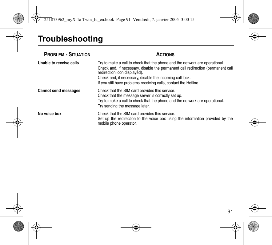 91TroubleshootingUnable to receive callsTry to make a call to check that the phone and the network are operational.Check and, if necessary, disable the permanent call redirection (permanent call redirection icon displayed).Check and, if necessary, disable the incoming call lock.If you still have problems receiving calls, contact the Hotline.Cannot send messagesCheck that the SIM card provides this service.Check that the message server is correctly set up.Try to make a call to check that the phone and the network are operational.Try sending the message later.No voice boxCheck that the SIM card provides this service.Set up the redirection to the voice box using the information provided by the mobile phone operator.PROBLEM - SITUATIONACTIONS251873962_myX-1a Twin_lu_en.book  Page 91  Vendredi, 7. janvier 2005  3:00 15