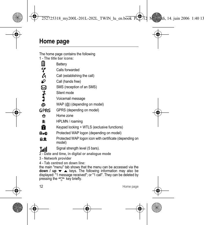 12Home pageHome pageThe home page contains the following1 - The title bar icons:BatteryCalls forwarded Call (establishing the call)Call (hands free)SMS (reception of an SMS)Silent modeVoicemail messageWAP (@) (depending on model)GPRS (depending on model)Home zoneHPLMN / roamingKeypad locking + WTLS (exclusive functions)Protected WAP logon (depending on model)Protected WAP logon icon with certificate (depending on model)Signal strength level (5 bars).2 - Date and time, in digital or analogue mode3 - Network provider4 - Tab centred on down line:the main &quot;menu&quot; tab shows that the menu can be accessed via the down / up T S keys. The following information may also be displayed: &quot;1 message received&quot;; or &quot;1 call&quot;. They can be deleted by pressing the   key briefly.252725318_my200L-201L-202L_TWIN_lu_en.book  Page 12  Mercredi, 14. juin 2006  1:40 13