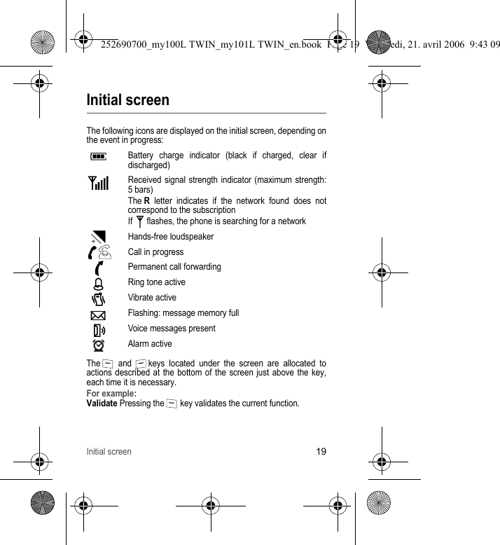 Initial screen19Initial screenThe following icons are displayed on the initial screen, depending on the event in progress:Battery charge indicator (black if charged, clear if discharged)Received signal strength indicator (maximum strength: 5 bars)The R letter indicates if the network found does not correspond to the subscriptionIf  flashes, the phone is searching for a networkHands-free loudspeakerCall in progressPermanent call forwardingRing tone activeVibrate activeFlashing: message memory fullVoice messages presentAlarm activeThe   and   keys located under the screen are allocated to actions described at the bottom of the screen just above the key, each time it is necessary.For example:Validate Pressing the   key validates the current function.252690700_my100L TWIN_my101L TWIN_en.book  Page 19  Vendredi, 21. avril 2006  9:43 09