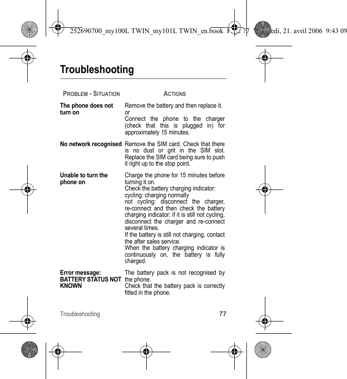 Troubleshooting77TroubleshootingPROBLEM - SITUATIONACTIONSThe phone does not turn onRemove the battery and then replace it.orConnect the phone to the charger (check that this is plugged in) for approximately 15 minutes.No network recognisedRemove the SIM card. Check that there is no dust or grit in the SIM slot. Replace the SIM card being sure to push it right up to the stop point.Unable to turn the phone onCharge the phone for 15 minutes before turning it on. Check the battery charging indicator:cycling: charging normallynot cycling: disconnect the charger, re-connect and then check the battery charging indicator: if it is still not cycling, disconnect the charger and re-connect several times. If the battery is still not charging, contact the after sales service.When the battery charging indicator is continuously on, the battery is fully charged.Error message: BATTERY STATUS NOT KNOWNThe battery pack is not recognised by the phone.Check that the battery pack is correctly fitted in the phone.252690700_my100L TWIN_my101L TWIN_en.book  Page 77  Vendredi, 21. avril 2006  9:43 09