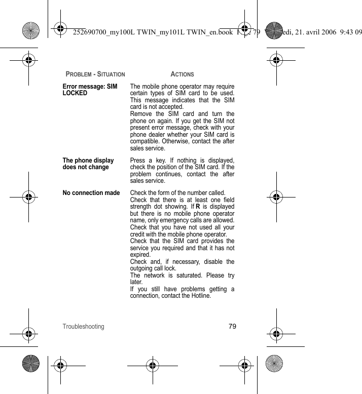 Troubleshooting79Error message: SIM LOCKEDThe mobile phone operator may require certain types of SIM card to be used. This message indicates that the SIM card is not accepted.Remove the SIM card and turn the phone on again. If you get the SIM not present error message, check with your phone dealer whether your SIM card is compatible. Otherwise, contact the after sales service.The phone display does not changePress a key. If nothing is displayed, check the position of the SIM card. If the problem continues, contact the after sales service.No connection madeCheck the form of the number called.Check that there is at least one field strength dot showing. If R is displayed but there is no mobile phone operator name, only emergency calls are allowed.Check that you have not used all your credit with the mobile phone operator.Check that the SIM card provides the service you required and that it has not expired.Check and, if necessary, disable the outgoing call lock.The network is saturated. Please try later.If you still have problems getting a connection, contact the Hotline.PROBLEM - SITUATIONACTIONS252690700_my100L TWIN_my101L TWIN_en.book  Page 79  Vendredi, 21. avril 2006  9:43 09